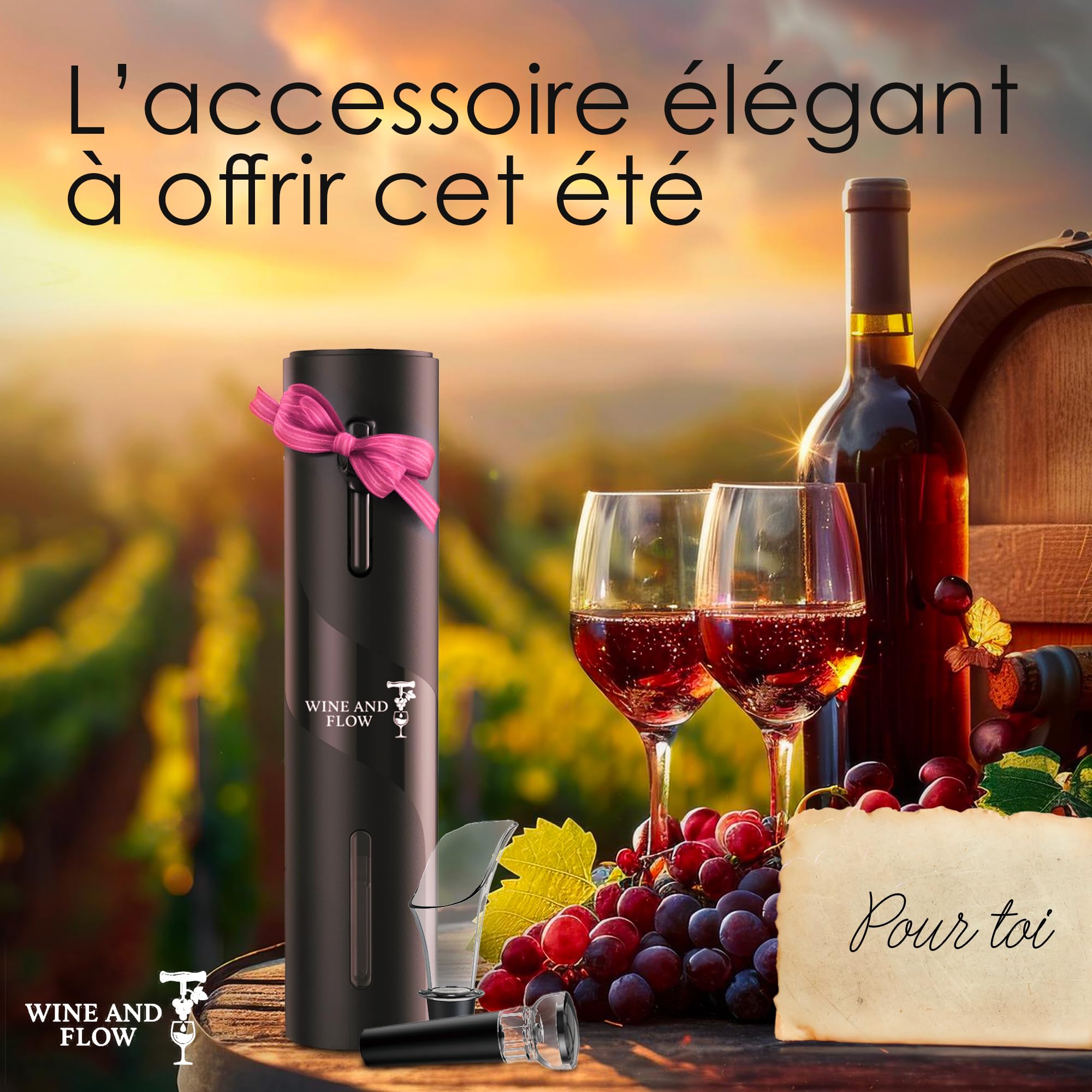 Cavatappi elettrico 4 in 1 a batteria Wine and Flow – Idee regalo premium amatoriale o professionale del vino – Confezione regalo originale apribottiglie elettrica – Accessorio vino e cavatappi