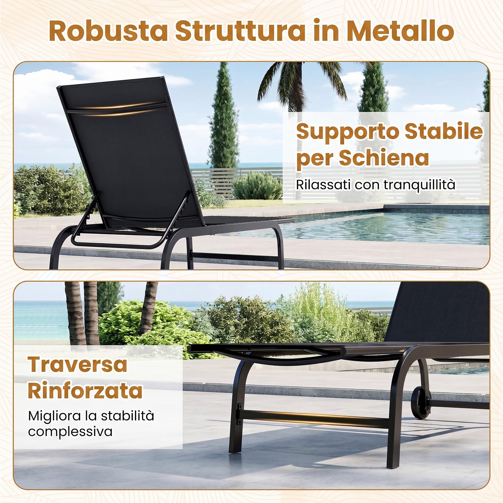 COSTWAY Lettino Prendisole Pieghevole, Sedia a Sdraio da Esterno con 2 Ruote, Schienale Regolabile in 6 Posizioni e Tessuto Traspirante, Sdraio da Giardino per Terrazze e Piscina (Nero,1)
