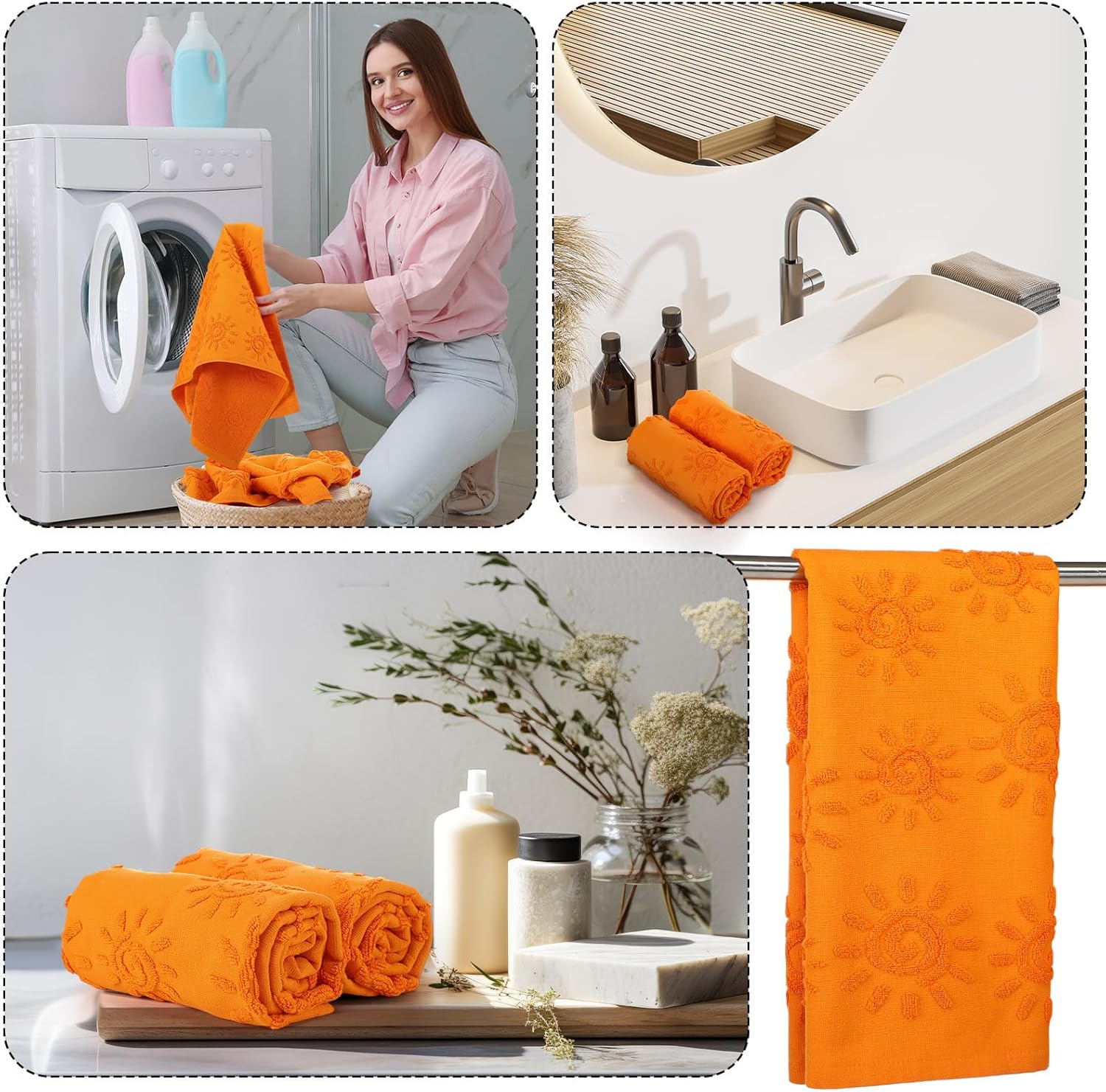 SmoothNovelty 2 Pcs Boho Hand Towels Orange Yellow Towels for Bathroom Sunshine Cotton Absorbent Jacquard Weave 3D Sun Kitchen Decor for Gift Christmas Drying Cleaning Cooking(Orange)