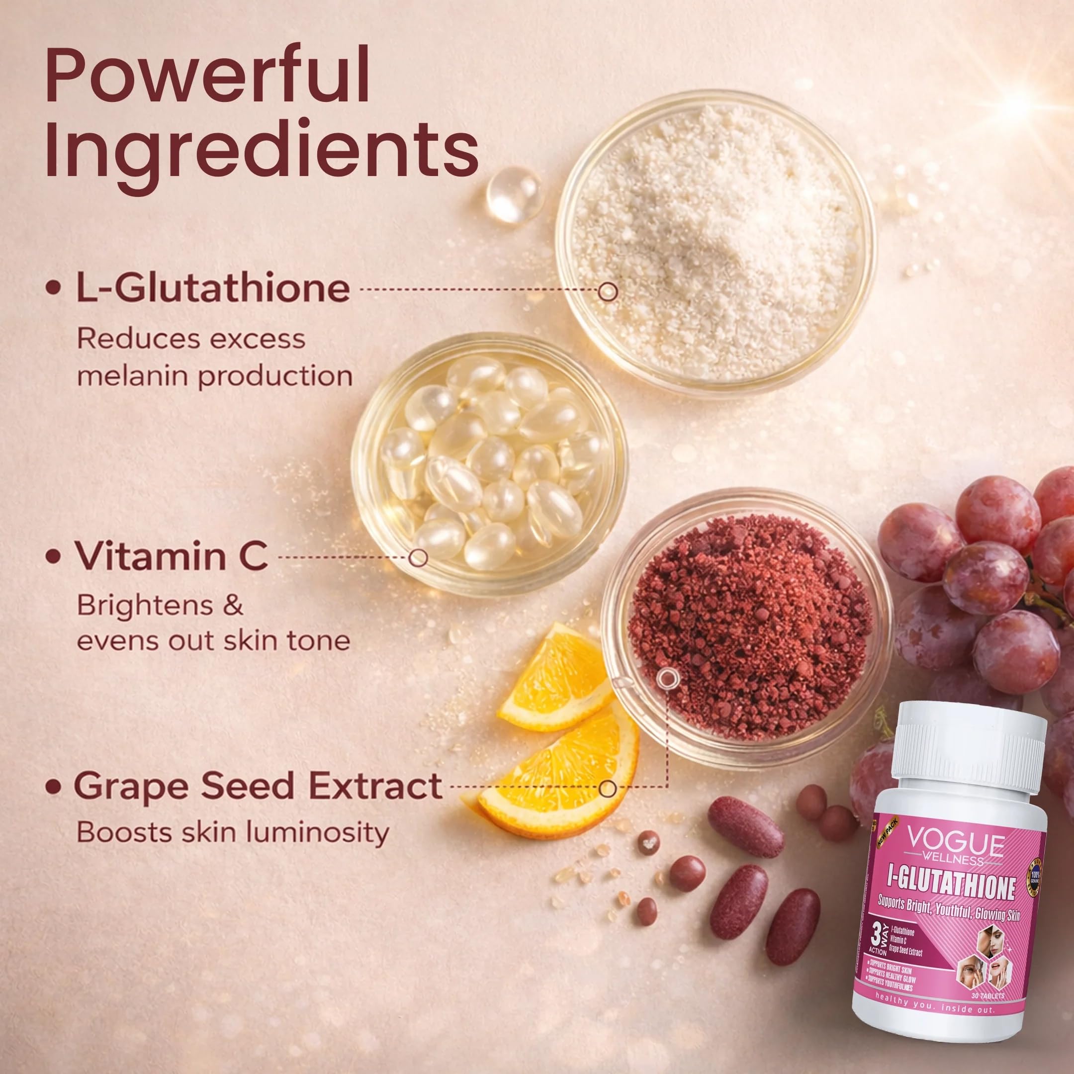 Vogue Wellness L Glutathione Tablets with Vitamin C, E, & Grape Seed  Extract | Radiant & Glowing Skin Glowing Supplement | Reduces skin  pigmentation | ...