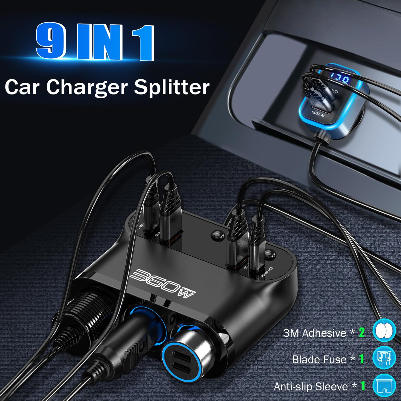 Qidoe 360W Prise Allume-Cigare Voiture 9 en 1, 3 x USB C PD 36W + Prises Multiples, 12V/24V Adaptateur Allume-cigares avec Interrupteur Voltmètre à LED Charge Rapide Phone/GPS/Dash Cam
