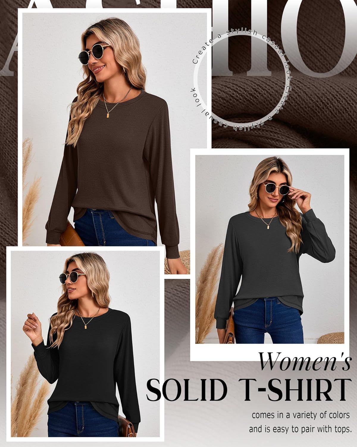 Ficerd 3 Pack Women's Long Sleeve Shirts, Cotton Crew Neck Tunic Tops Casual Loose Fit Pullover Sweatshirts Curved Hem Shirts - Image 5