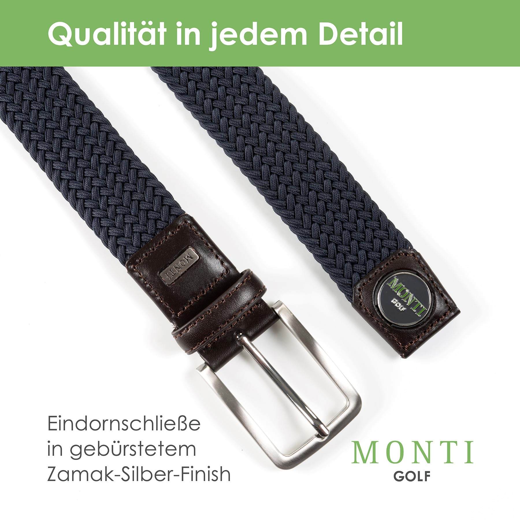MONTI Herren Flechtgürtel Golfgürtel für Männer mit integriertem Ballmarker BIRDIE - navy uni - Größe 95