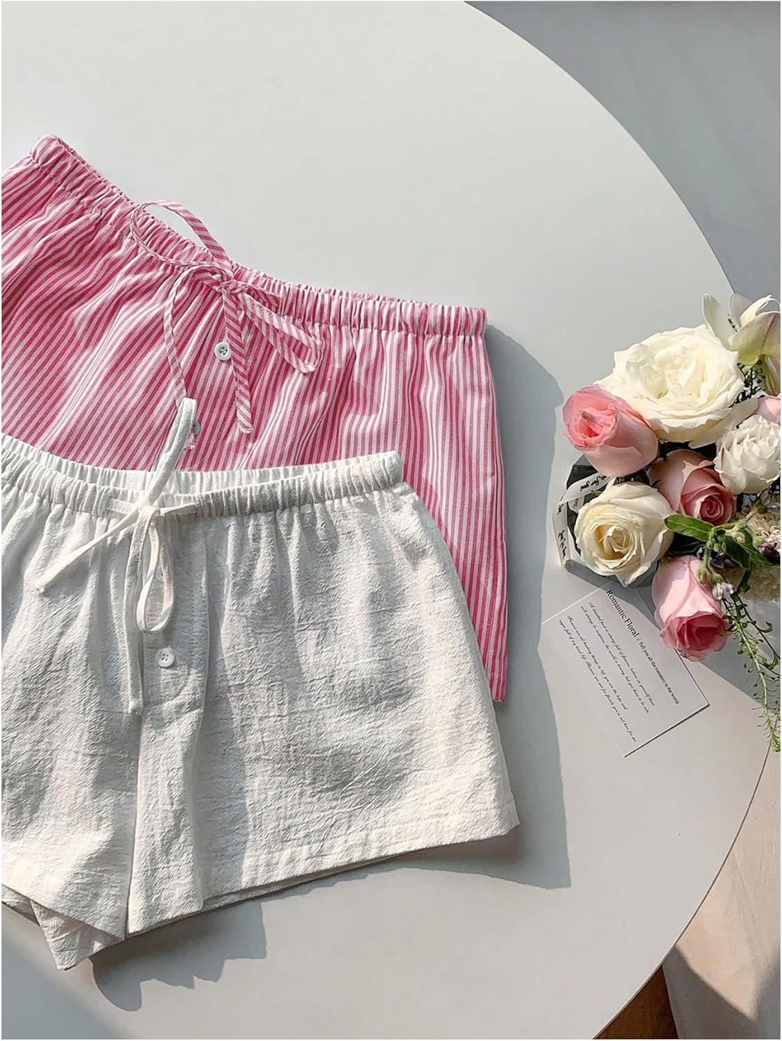 RoseSeek Women's 2 Packs Striped Linen Mini Shorts Drawstring Waist Button Front Lounge Shorts