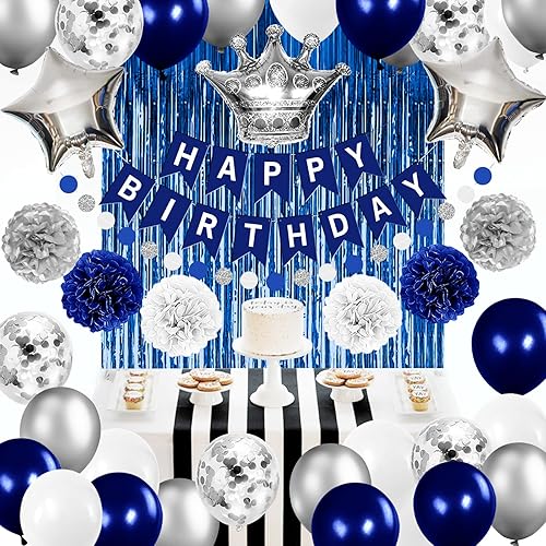 Miniatura 6 de Iysoll Decoraciones de fiesta de cumpleaños azules y plateadas para hombres y niños, globos azul rey azul marino, pompones de feliz cumpleaños,