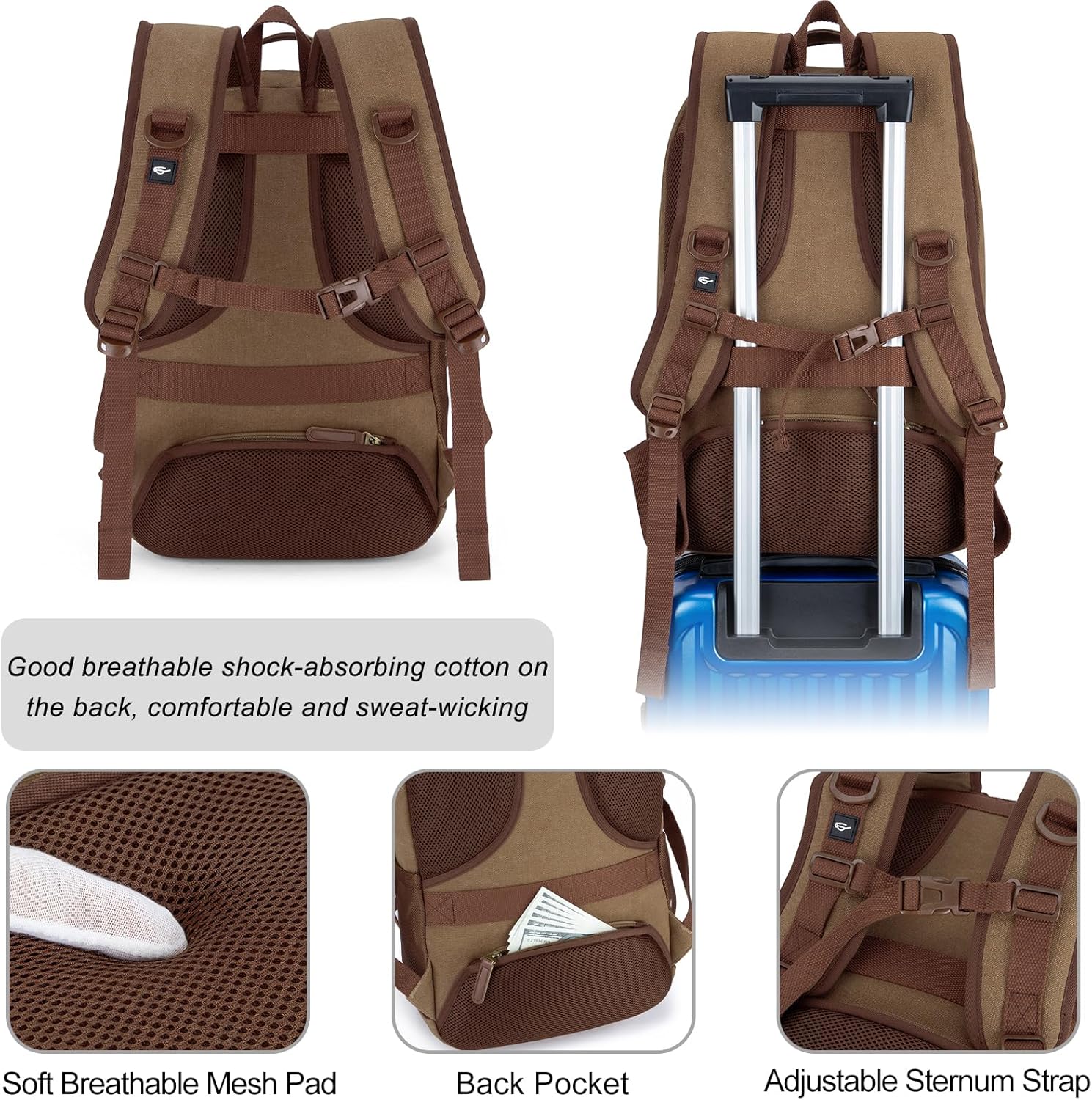 Tzowla Canvas Laptop College Backpack for Men and Women,Travel Work Vintage Rucksack with USB/Type-C Charging Port,Lightweight Hiking Casual Daypack Backpacks fit 15.6 inch Notebook,Brown - Image 5