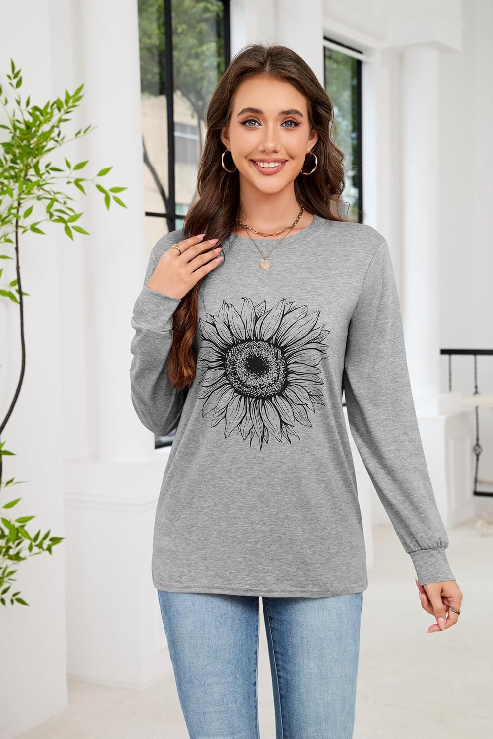 Women's Sunflower Graphic Long Sleeve Fashion Floral Printed Casual Cotton Tee Tops Cute Funny Tees Shirt - Image 2
