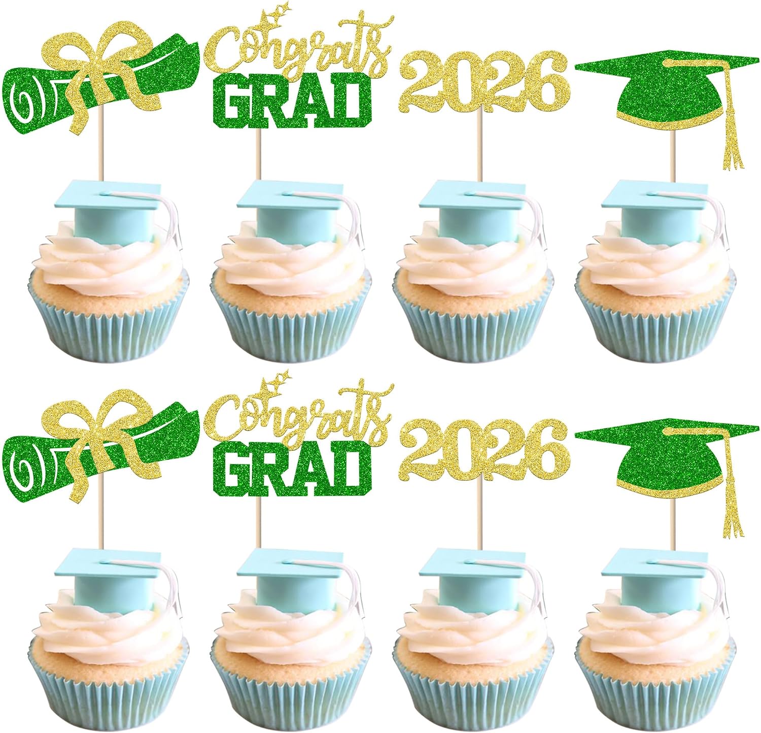 24 Pack Congrats 2026 Graduation Cupcake Toppers Glitter Grad Cap Diploma 2026 Senior Cake Pick for Class of 2026 Theme Party Cupcake Decoration Supplies Blue Green
