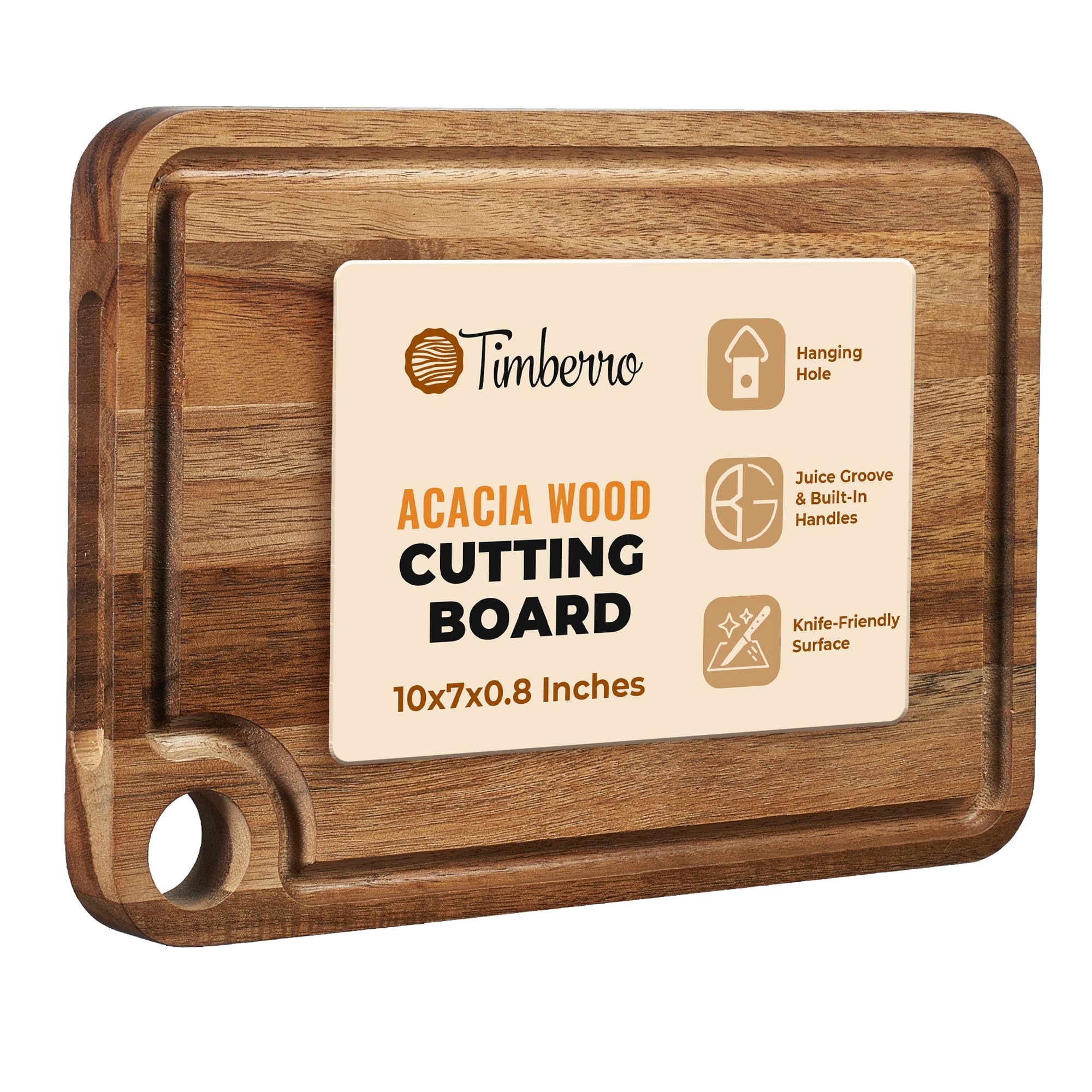 Timberro Acacia Wood Cutting Board (10x7x0.8 In.) - Small Mini Wooden Bar Steak and Cheese Chopping Boards for Kitchen with Juice Groove, Tiny Rustic Carving Breadboard for Serving Lime with Handle