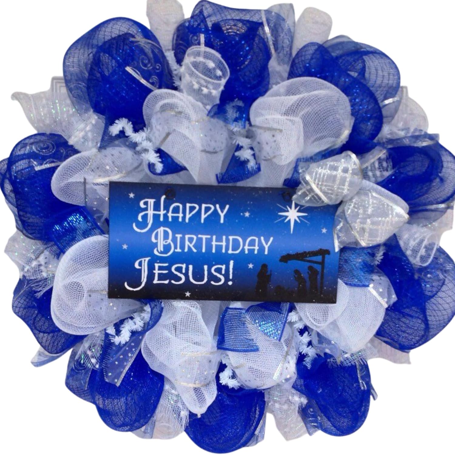 Happy Birthday Jesus Christmas Wreath Handmade Deco Mesh. Available in 24 inch and 28 inch diameters.