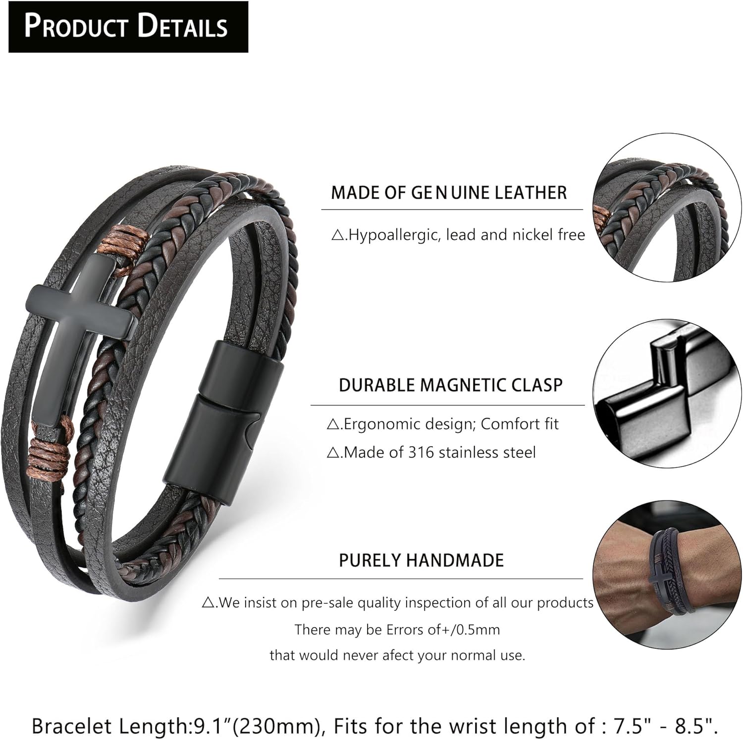 Men's Leather Cross Bracelet - Black or Brown Multi-Layer Braided Christian Religious Wristband Jewelry for Men, 8.3" & 9.1" Sizes - Image 6