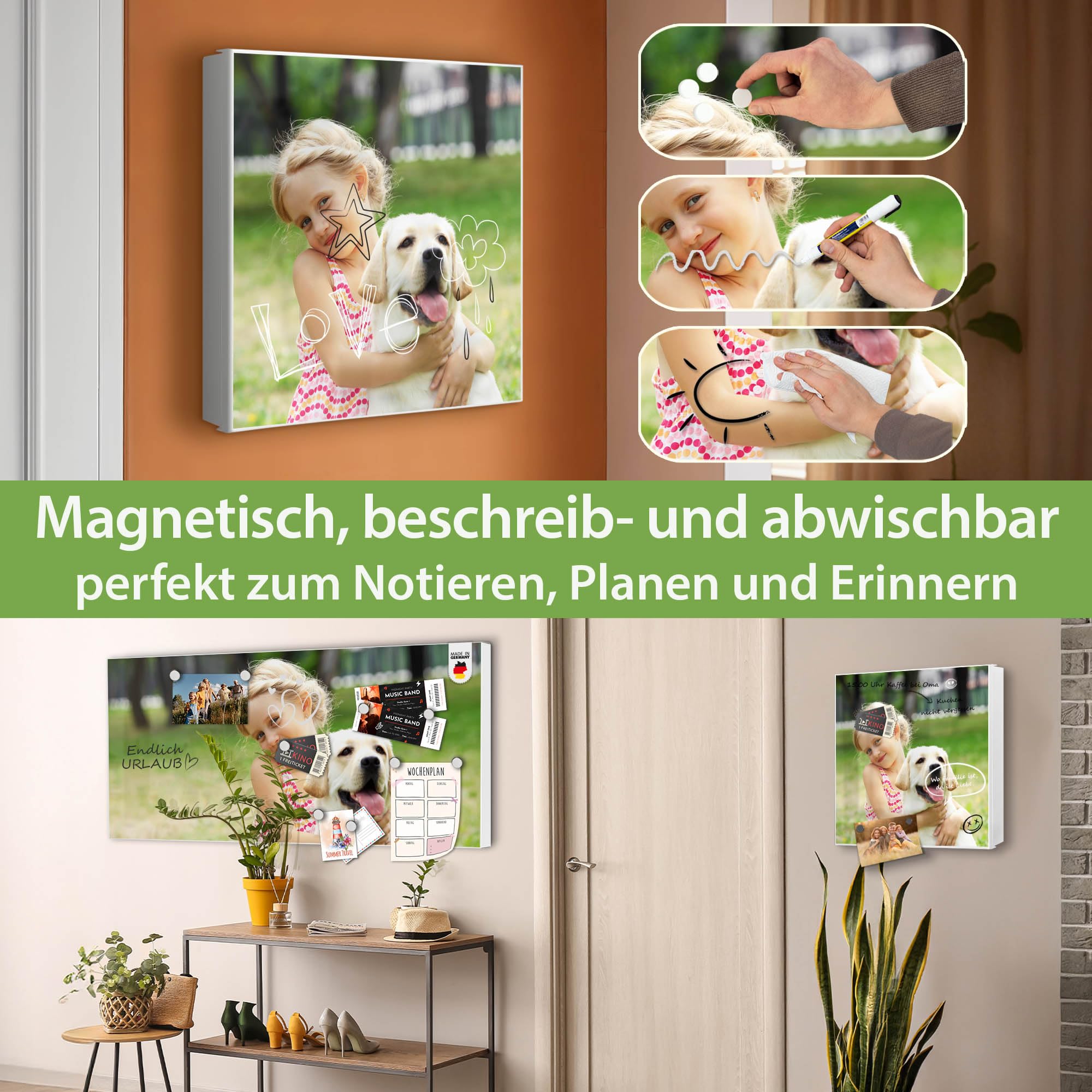banjado Großer Schlüsselkasten Metall - Schlüsselbox 30x30cm beschreibbarer mit 32 Haken - Schlüsselkasten modern für Schlüsselaufbewahrung - Korpus Weiß Scharnier Rechts - Motiv Wunschmotiv
