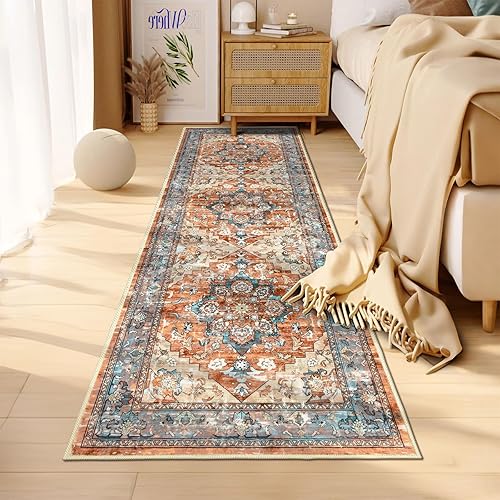 Miniatura 4 de Bsmathom Alfombra bohemia de 2 x 6 pies, alfombra antideslizante de lana sintética suave y esponjosa, lavable de pelo bajo, no desprende pelusa,