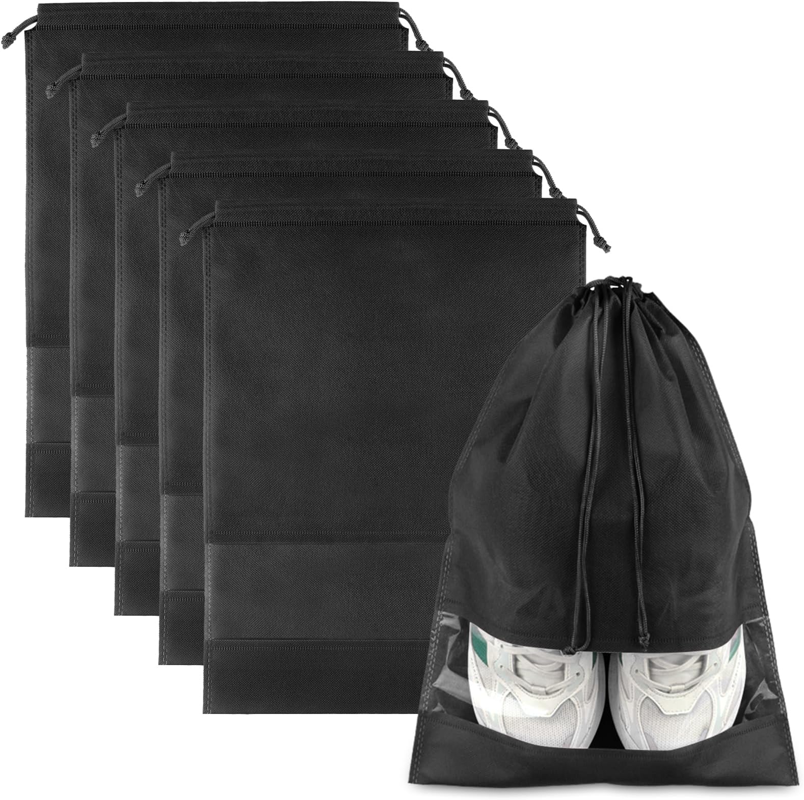 Large Black Travel Shoe Bags - 5 Pcs with Clear Window, Non-Woven Drawstring, 12.6" X 17.3" for Men Women