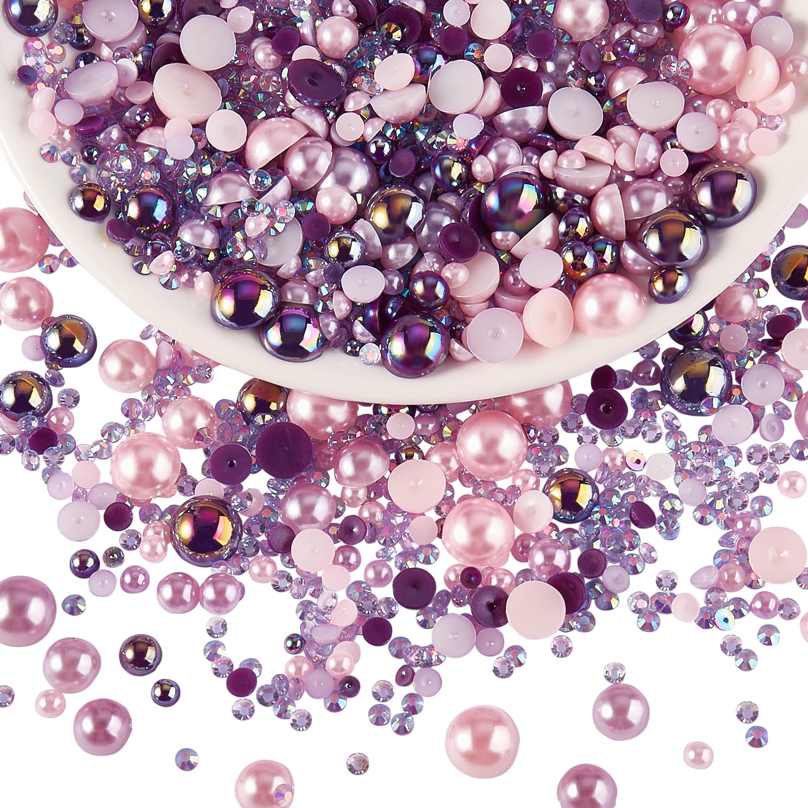 BEEFLYING 60g Mix Flatback Pearls & Resin Rhinestones Half Round Pearl Beads for Crafts 3mm-10mm Half Pearl Rhinestone for Face Art Tumblers Bottles Clothes Gift Card Jewelry Decor(Purple)