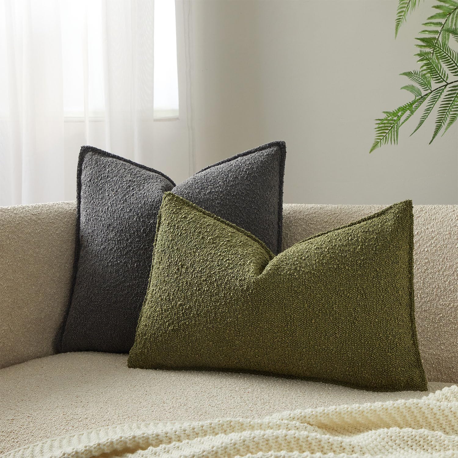 JUSPURBET 16x24 Pillow Covers Set of 2 Decorative Throw Pillow Covers Case for Couch Sofa Bed Soft Boucle Textured Lumbar Cushion Covers with Hidden Zipper for Home Decor Living Room,Olive Green