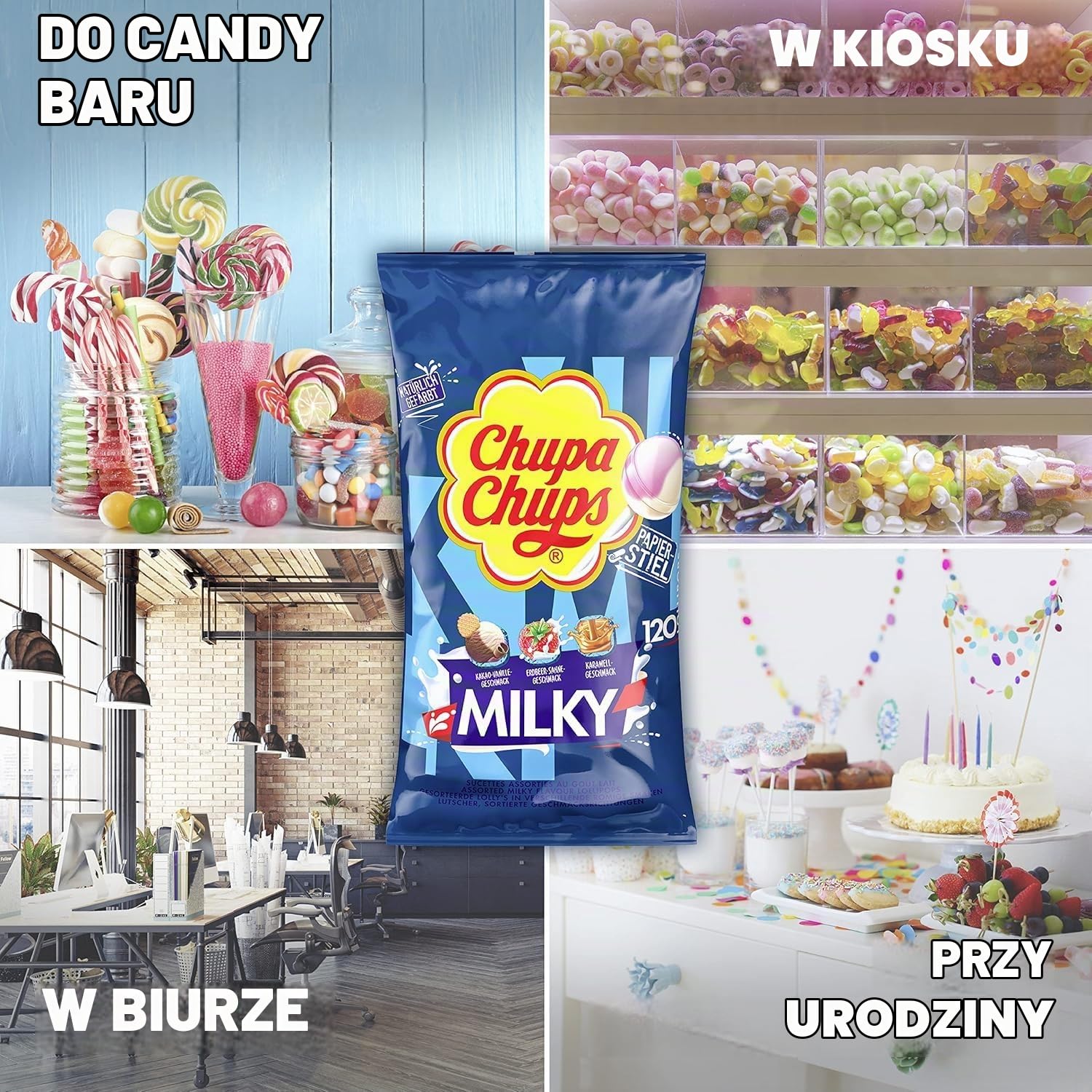 Chupa Chups Mleczny woreczek z lizakami, 120 lizaków, w 3 kremowych smakach, kakaowo-waniliowy, karmelowy, truskawkowy śmietana, odpowiedni na urodziny, 120 x 12 g