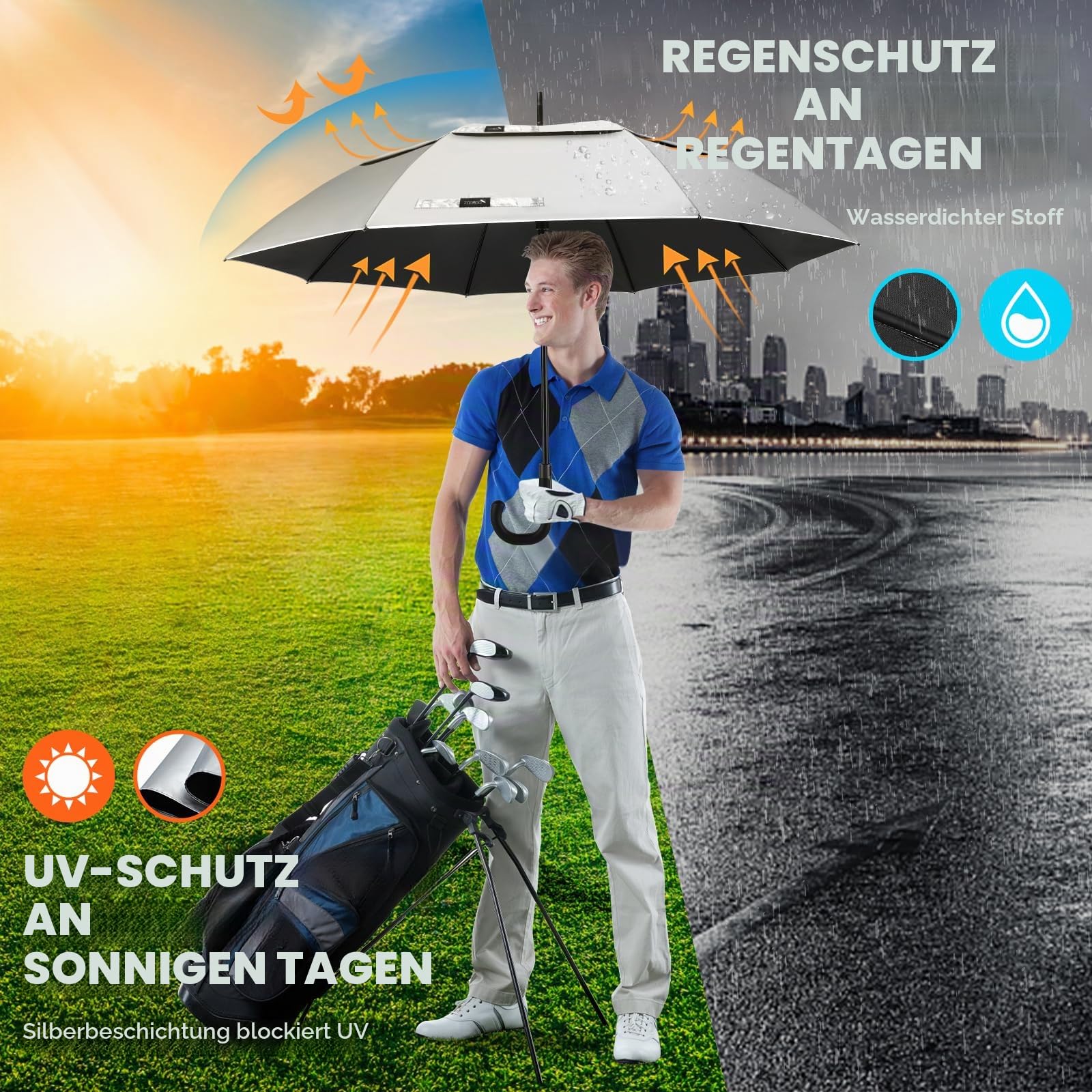 ZOMAKE Regenschirm Groß XXL 54 Inch,Regenschirme Automatik öffnen Mit UPF 50+UV Schutz,Großer Stockschirm Sturmfest Stabil,Golfschirm Mit J-Griff Für Herren Damen(Silber Schwarz)
