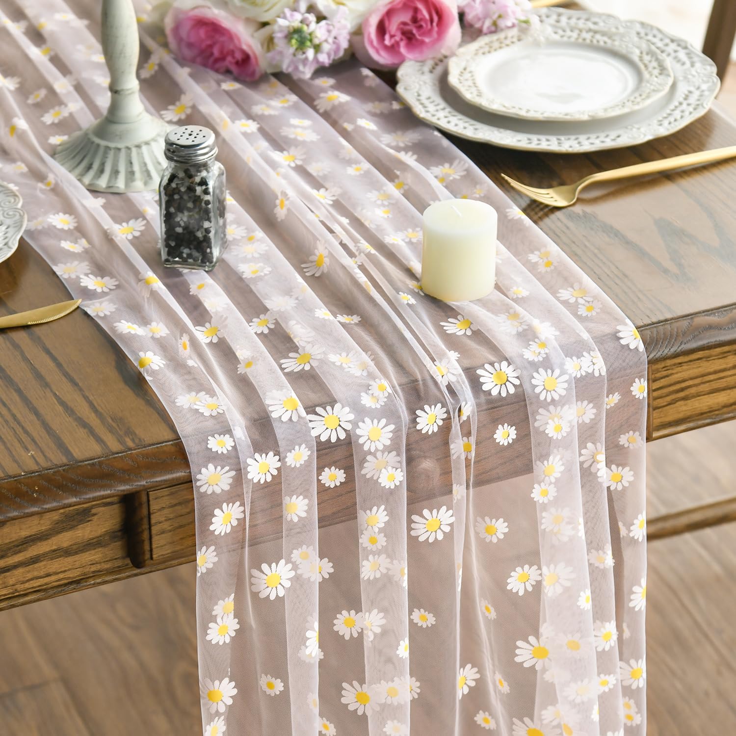 Artoid Mode Pink Daisy Gauze Table Runner 120 Inch 10FT, Seasonal Sheer Dining Wedding Holiday Birthday Table Decor for Home Party