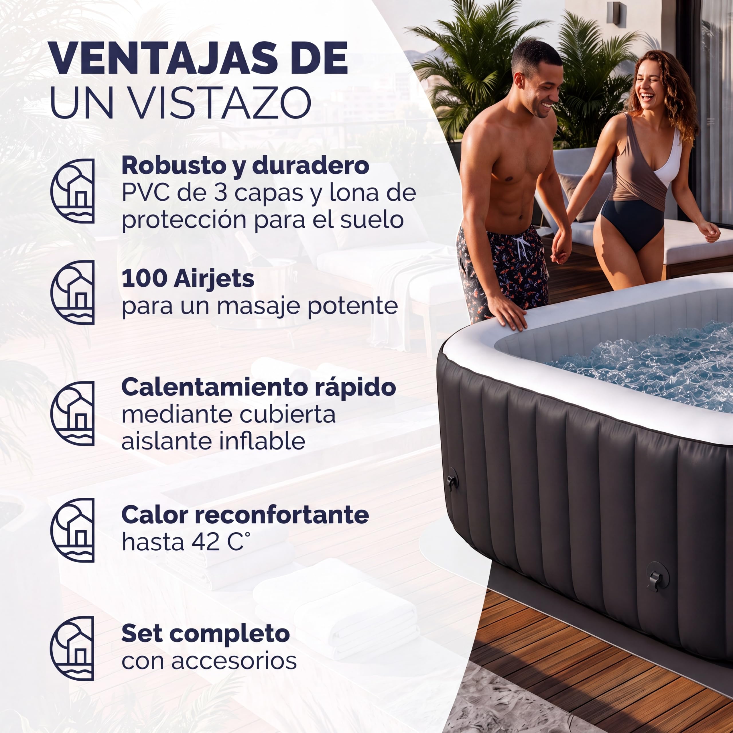 CASARIA Hidromasaje Hinchable 4 Personas 165x165cm Cuadrado 42°C Accesorios