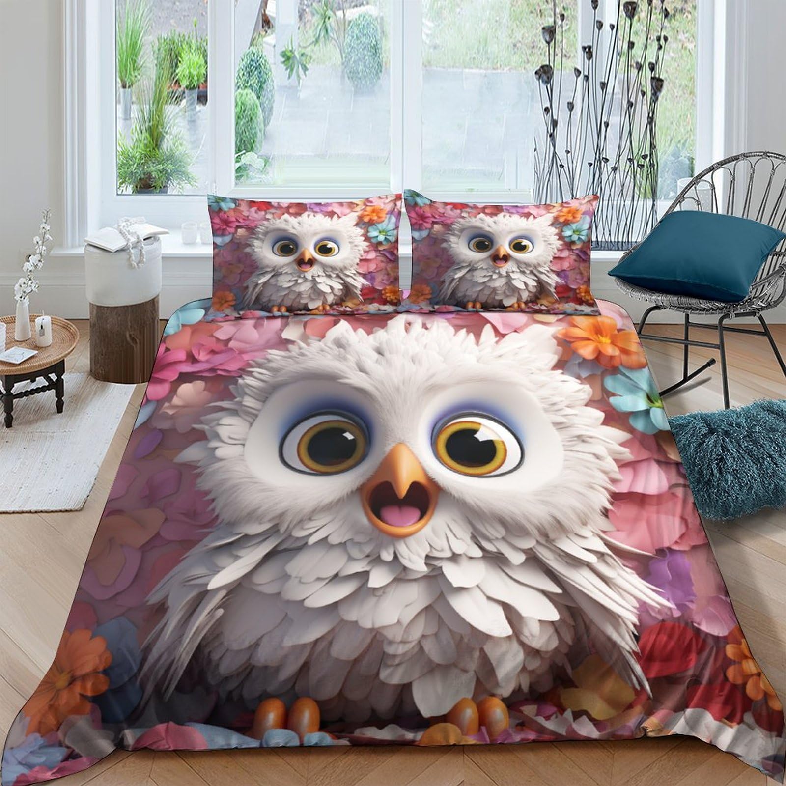 Housse de couette hibou fermeture éclair parure de lit microfibre anti-glisse