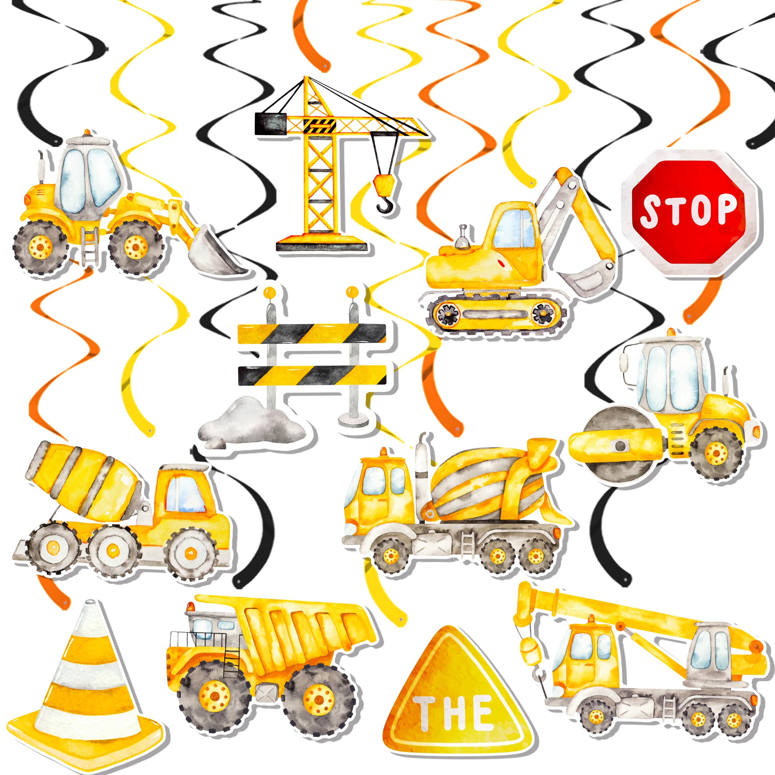 20pcs Construction Party Hanging Swirls Dump Truck Birthday Party Decorations Construction Theme Hanging Foil Whirls Ceiling Streamers for Traffic