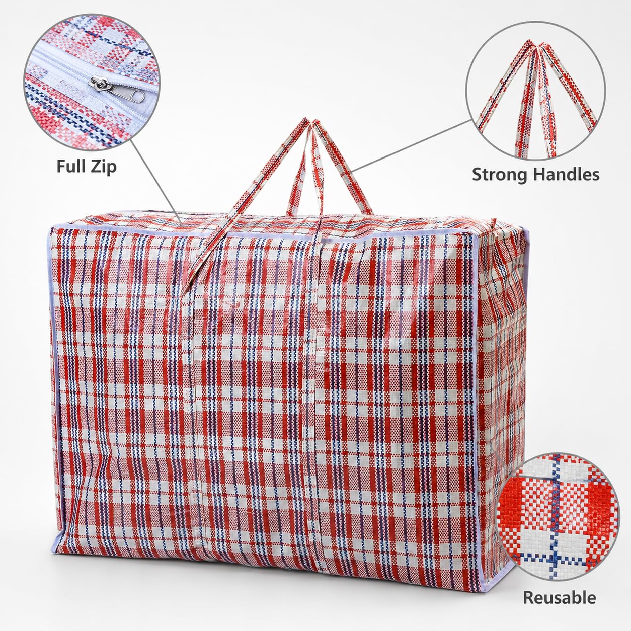 1ABOVE Confezione da 3 sacchetti jumbo resistenti per biancheria, shopping, stoccaggio, riutilizzabili, in tessuto, traslochi, impermeabili, con manici e cerniera, 70 x 60 x 28 cm