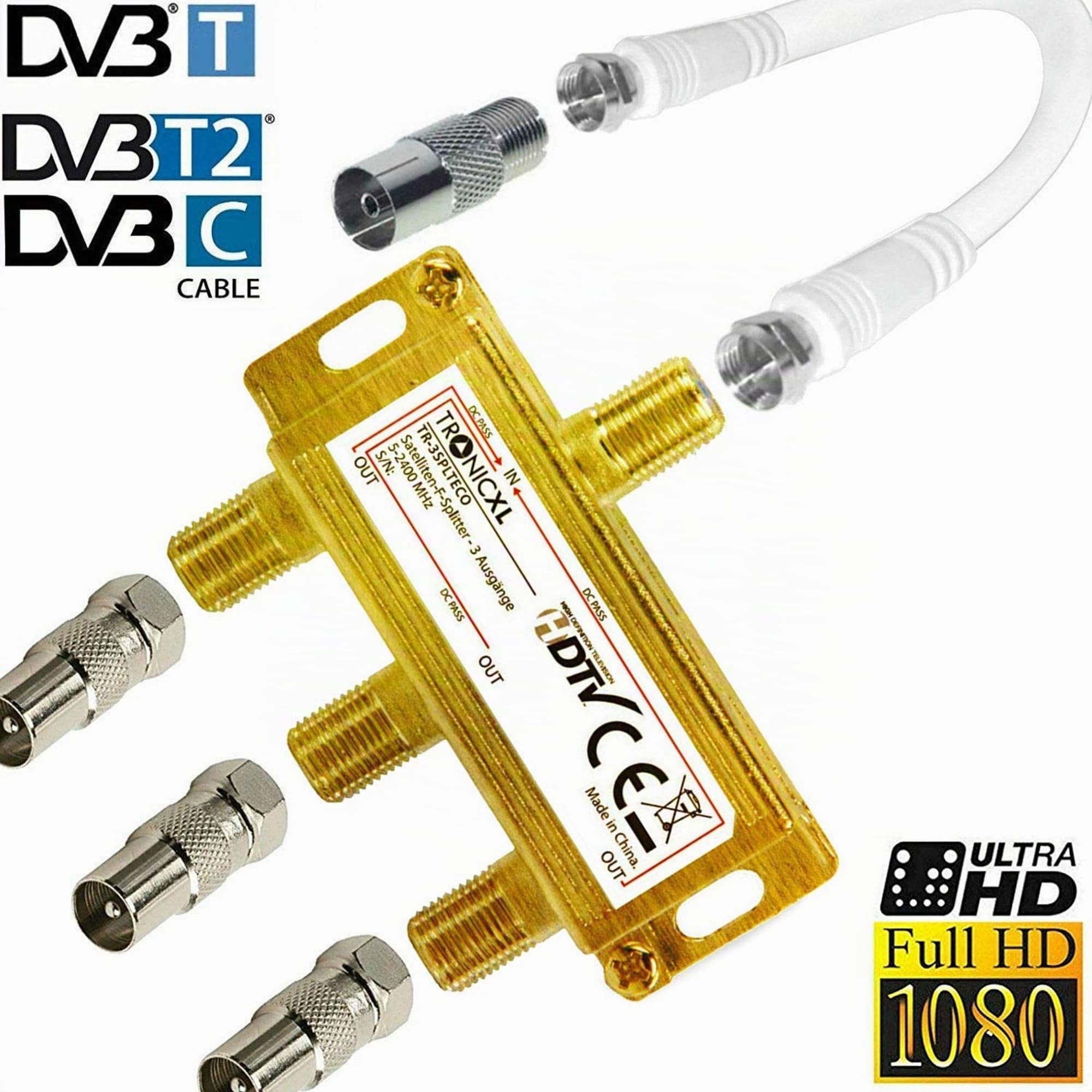 TronicXL Distribuidor de antena IEC de 3 vías, cable de TV, adaptador de cable coaxial, por ejemplo, compatible con Unitymedia Vodafone Netcom PYUR komro RFT EWE TEL Unicable DVBT DVBC CATV