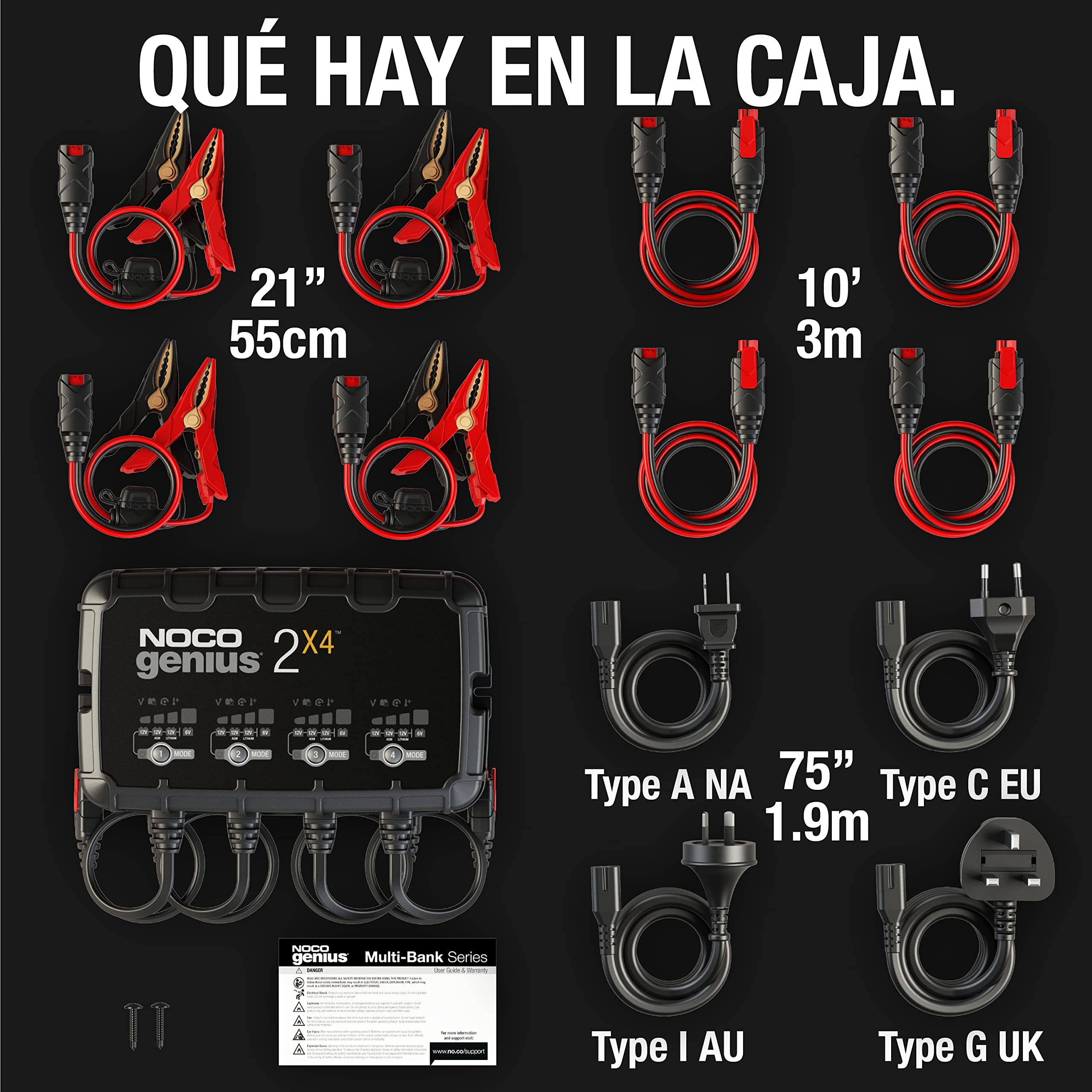 NOCO GENIUS2X4: Cargador Inteligente de baterías 8A con 4 Bancos (2A/Banco) – Mantenedor automático y desulfatador 6V/12V – Protección contra sobrecarga – para baterías de Plomo y Litio