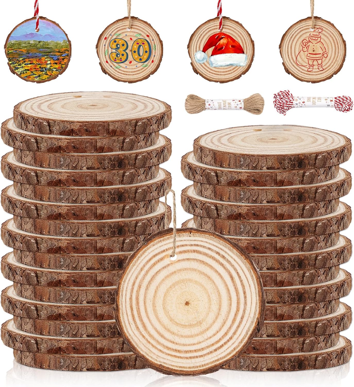 30 Pcs Wood Slices for Crafts with Hole, 2.3-2.8 Inch Unfinished Wood Crafts Round for Doodle, Splice, Paint, Art, Decorate, Ornament