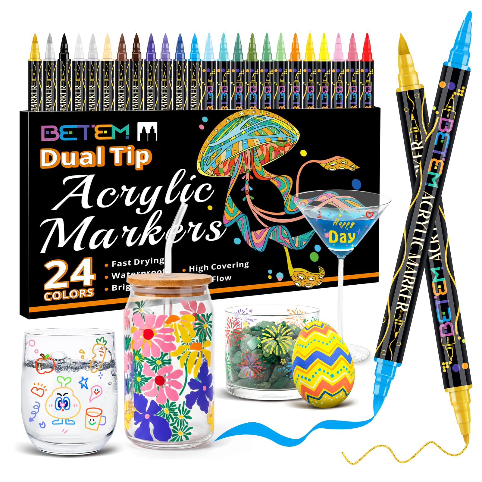 Betem 24 Colors Dual Tip Glass Paint Markers Window Markers Erasable Wine Glass Markers Brush Fine Tip Non-Toxic