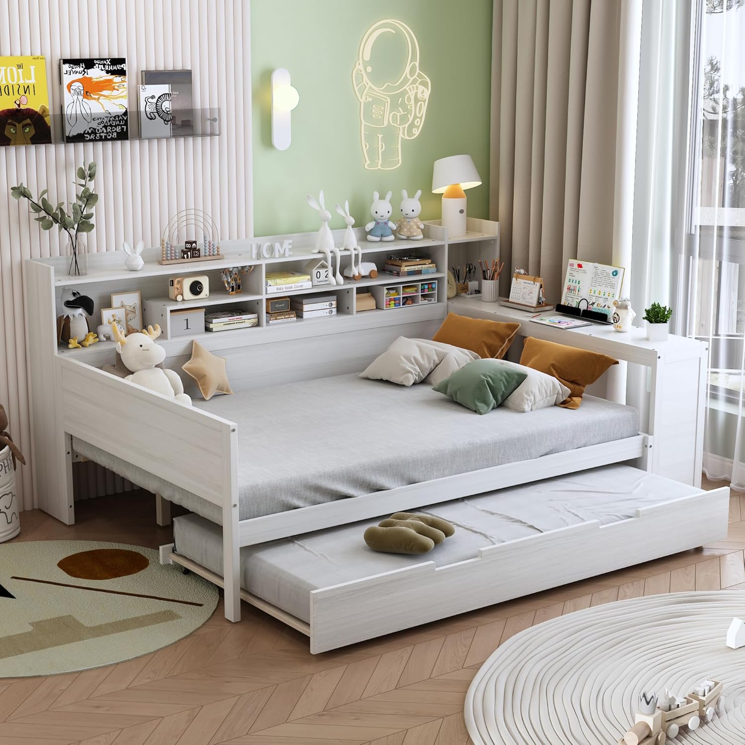 Full Size Daybed with Trundle, Side Bookcase and Desk, Pine Wood Captains Bed with Storage Shelves Headboard for Kids Boys Girls Teens, Antique White
