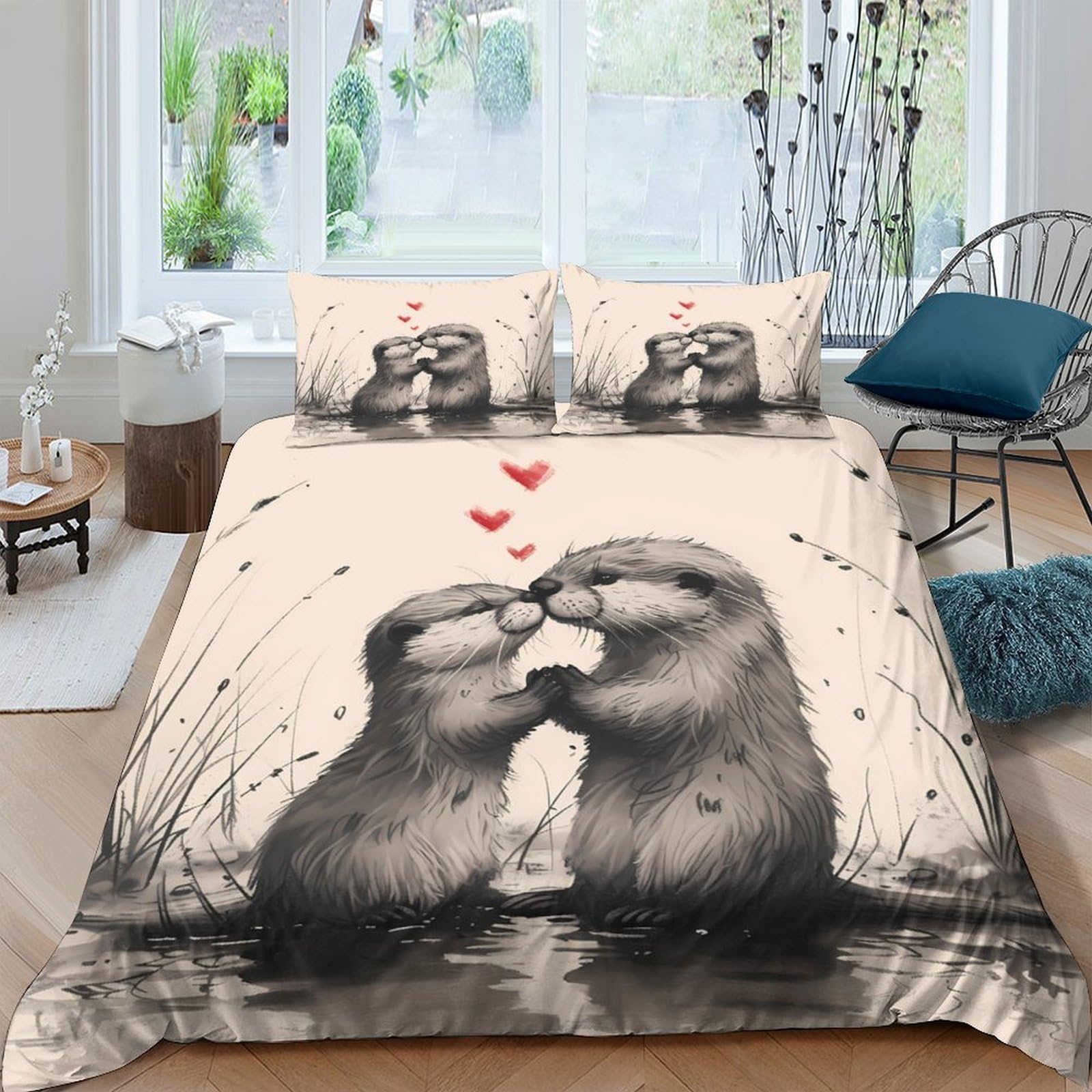 Ctjqhvkz Style-9 3D Printed Otter Couple Fitted Sheet Microfiber Soft Bedroom Decor Heart Kissing Mattress Cover For Home Guest Room Single（135X200cm）