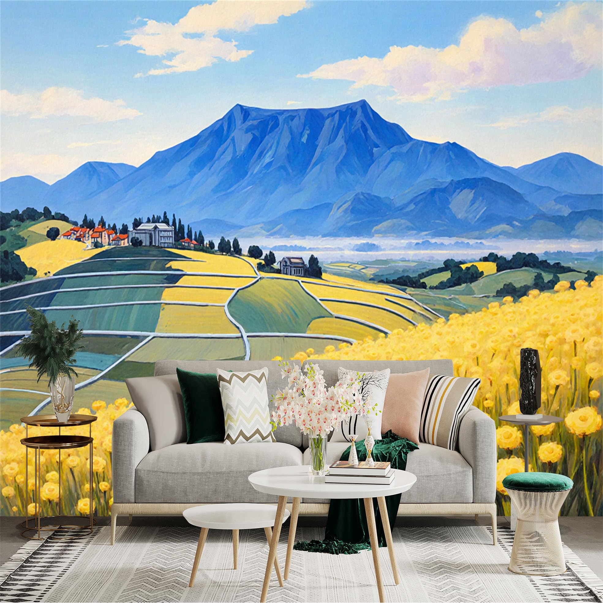 Custom Size Wall Sticker Mural， Golden Flower Field with Mountain Landscape and Countryside View， for wall Decoration， peelandstick wall Decals.