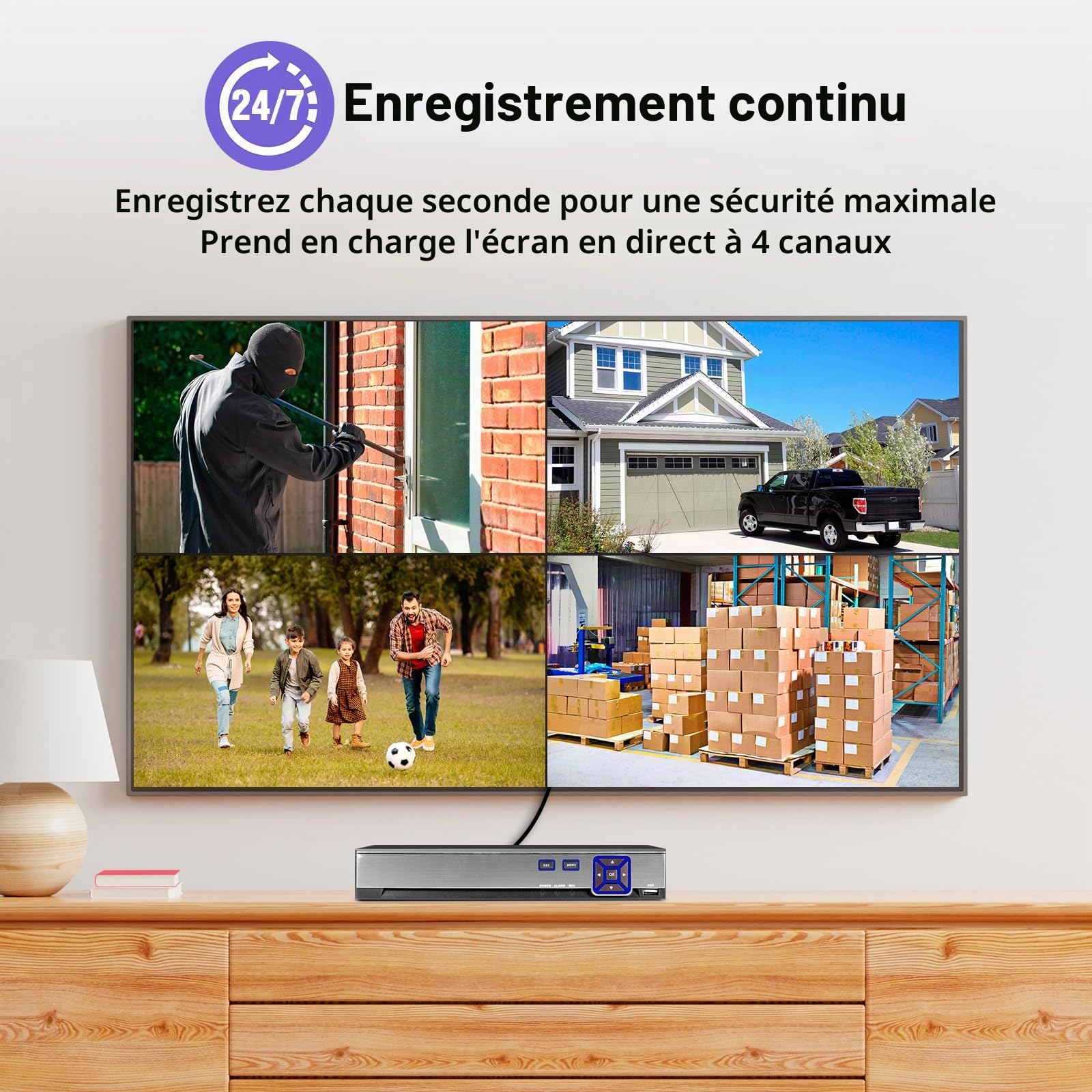 KERUI Magnetoscope DVR Aves 500 GB Disque Dur 4CH 1080P H.265+ Full HD 6-en-1 Hybride XVI AHD TVI CVBS CVI IP pour Camera Exterieure, Enregistreur Numérique de Vidéosurveillance Surveillance 24/7