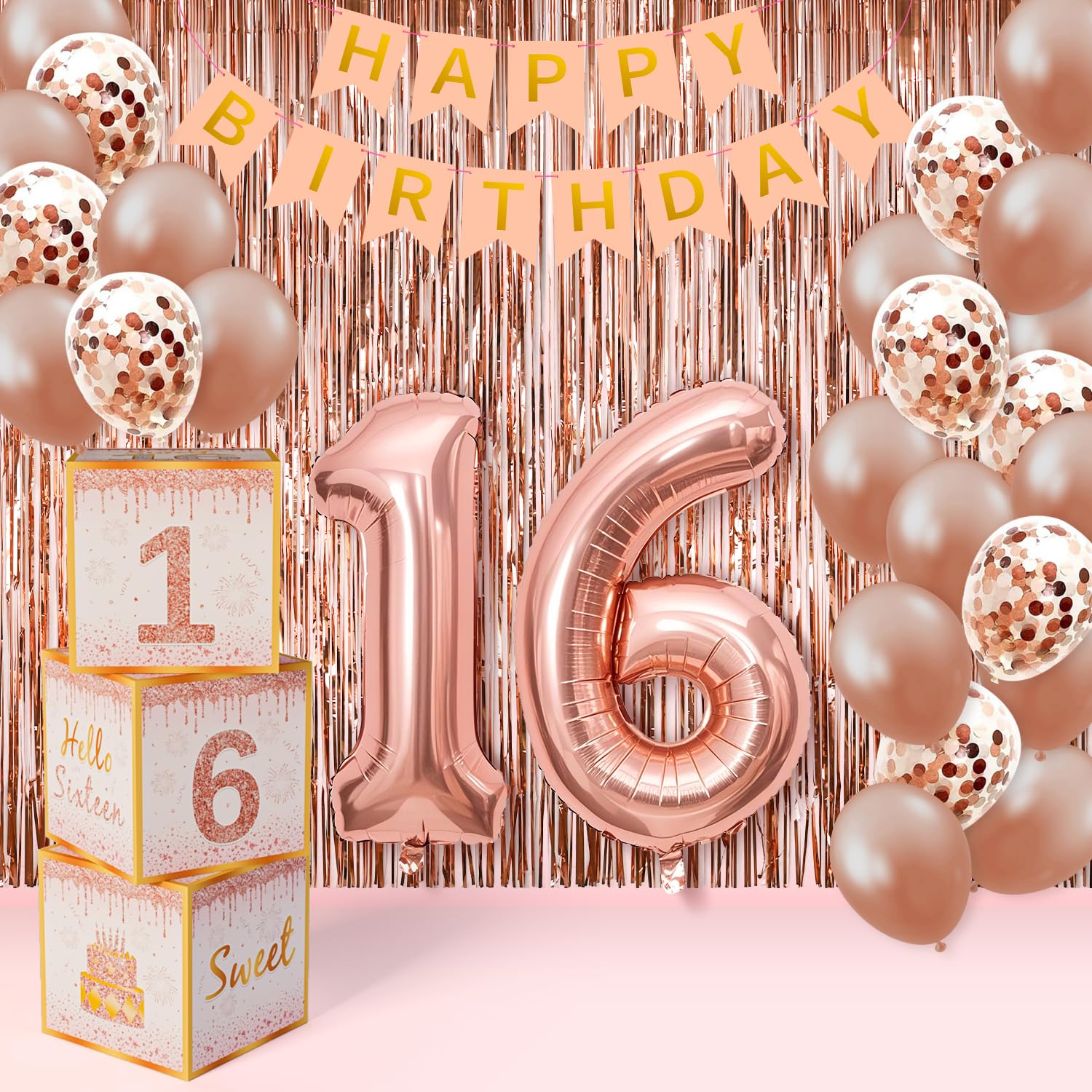 Sweet 16 Party Decorations 16th Birthday Boxes Decor for Girls Women Sweet Sixteen Happy Birthday Banner Kits Pink Rose Gold Foil Balloons Party