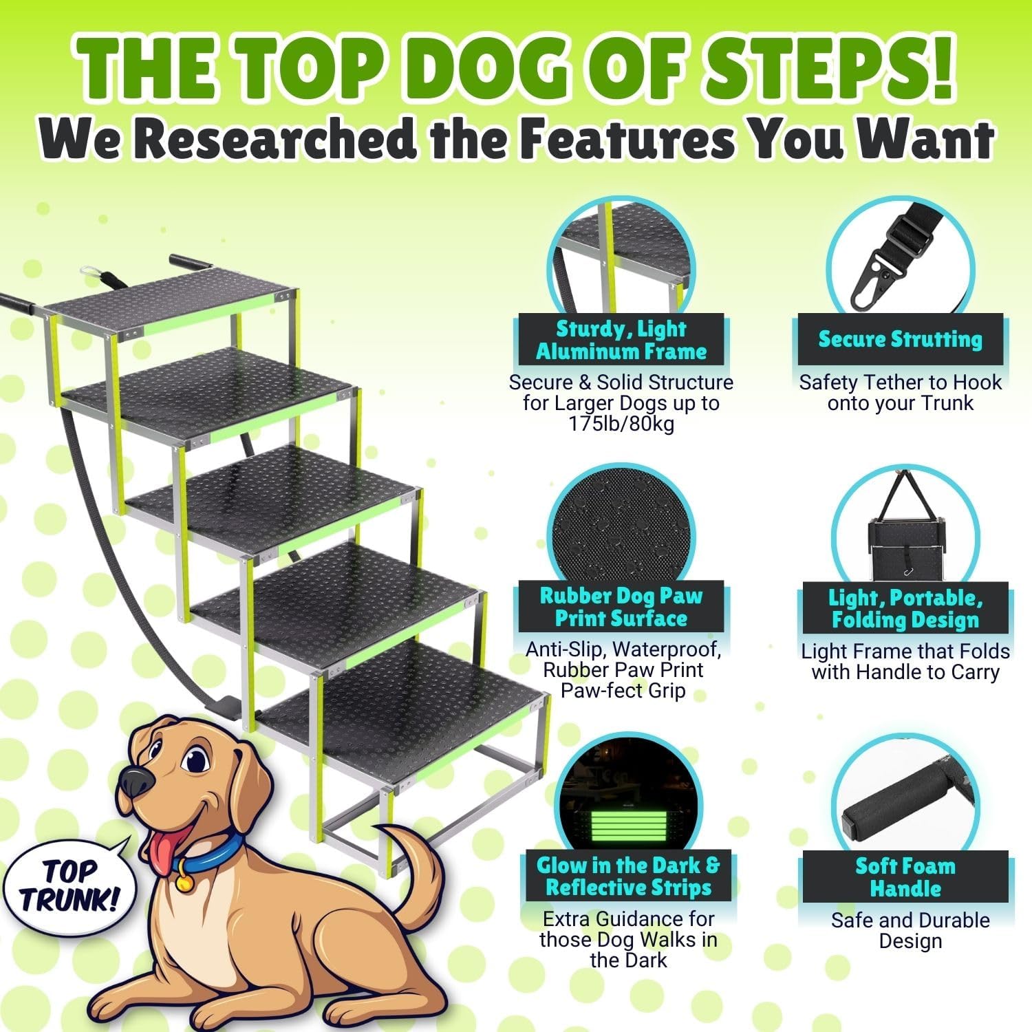 CreatureCops™ Dog Steps for Car | Glow-in-The-Dark, 175lb Support | Foldable, Non-Slip Dog Stairs for Large Dogs | Lightweight Aluminum with Carry Bag | 5 Steps for Car & Home