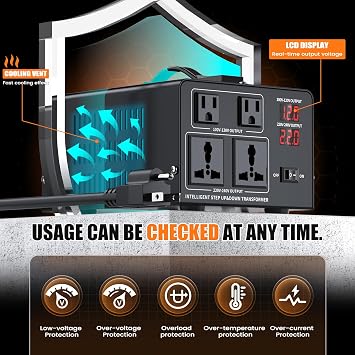 1500W Voltage Converter Transformer Step Up 110V/120V to220V/240V or Step Down 220V to 110V AC Power Converte, Circuit Breaker Protection, 2 US sockets, 2 Universal sockets, LCD Display