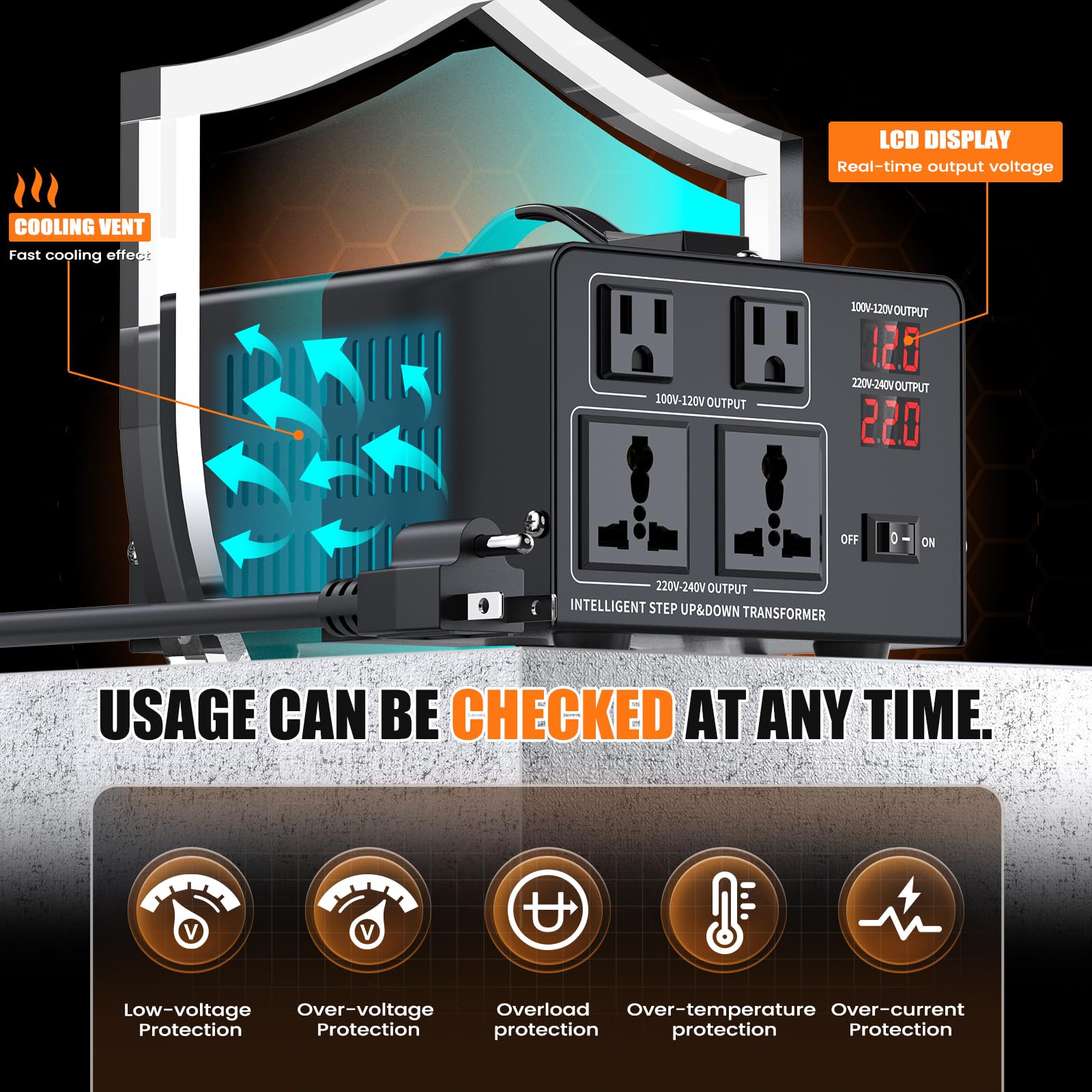 Convertidor de voltaje de 1000 W, transformador de 110 V/120 V a 220 V/240 V o reductor de 220 V a 110 V CA, protección de disyuntor, 2 enchufes de EE. UU., 2 enchufes universales, pantalla LCD