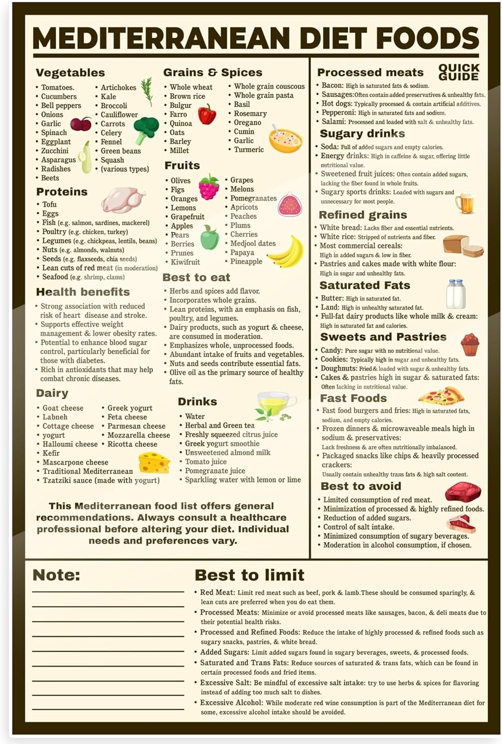 poster Food Pyramid Poster - Mediterranean Diet Eating Plan Chart,
