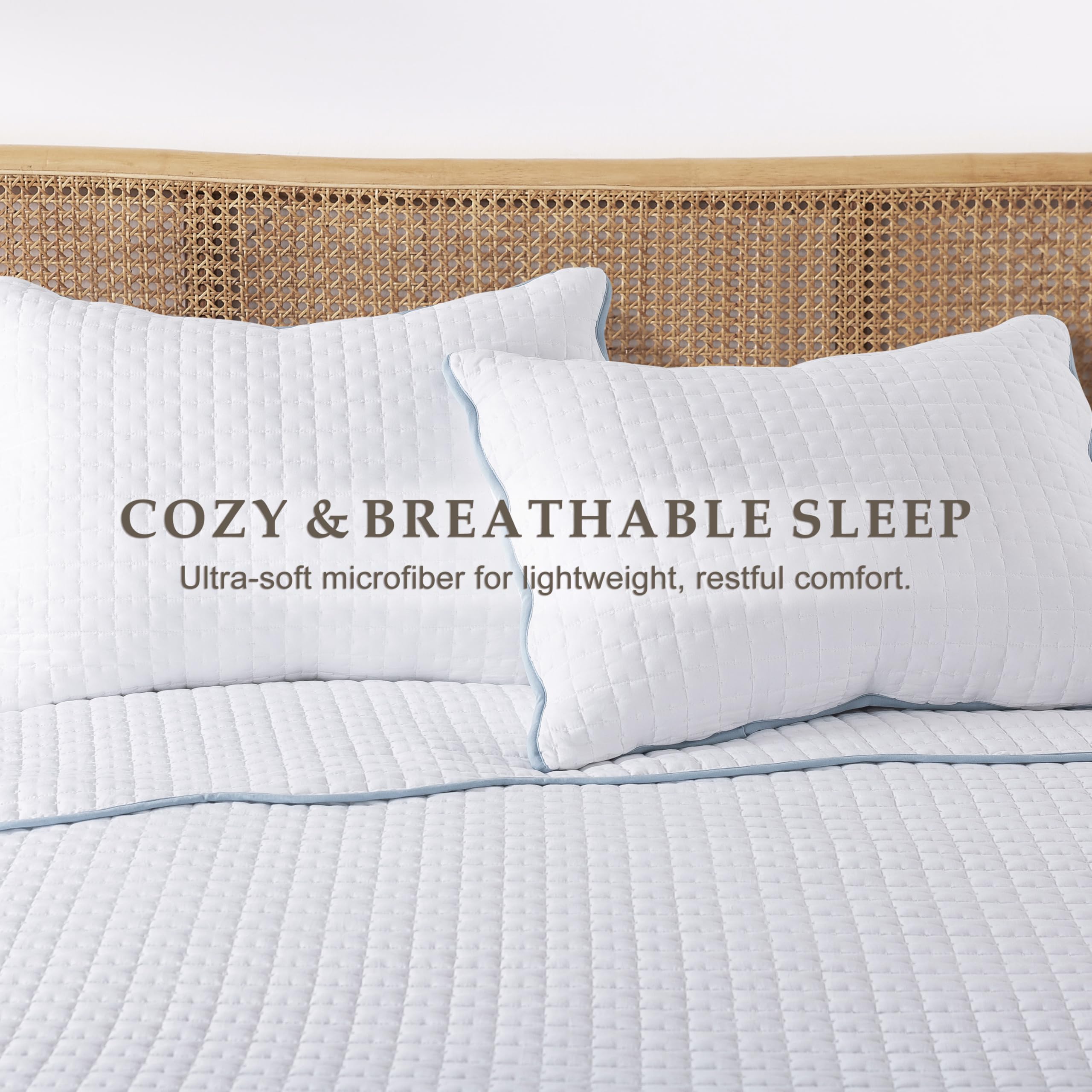 WDCOZY Set di biancheria da letto con copripiumino bianco per letto singolo, smerlato rustico rustico e leggero, copriletto Kantha Pick Stitch, 1 federa per cuscino, bordo blu con cuciture bianche