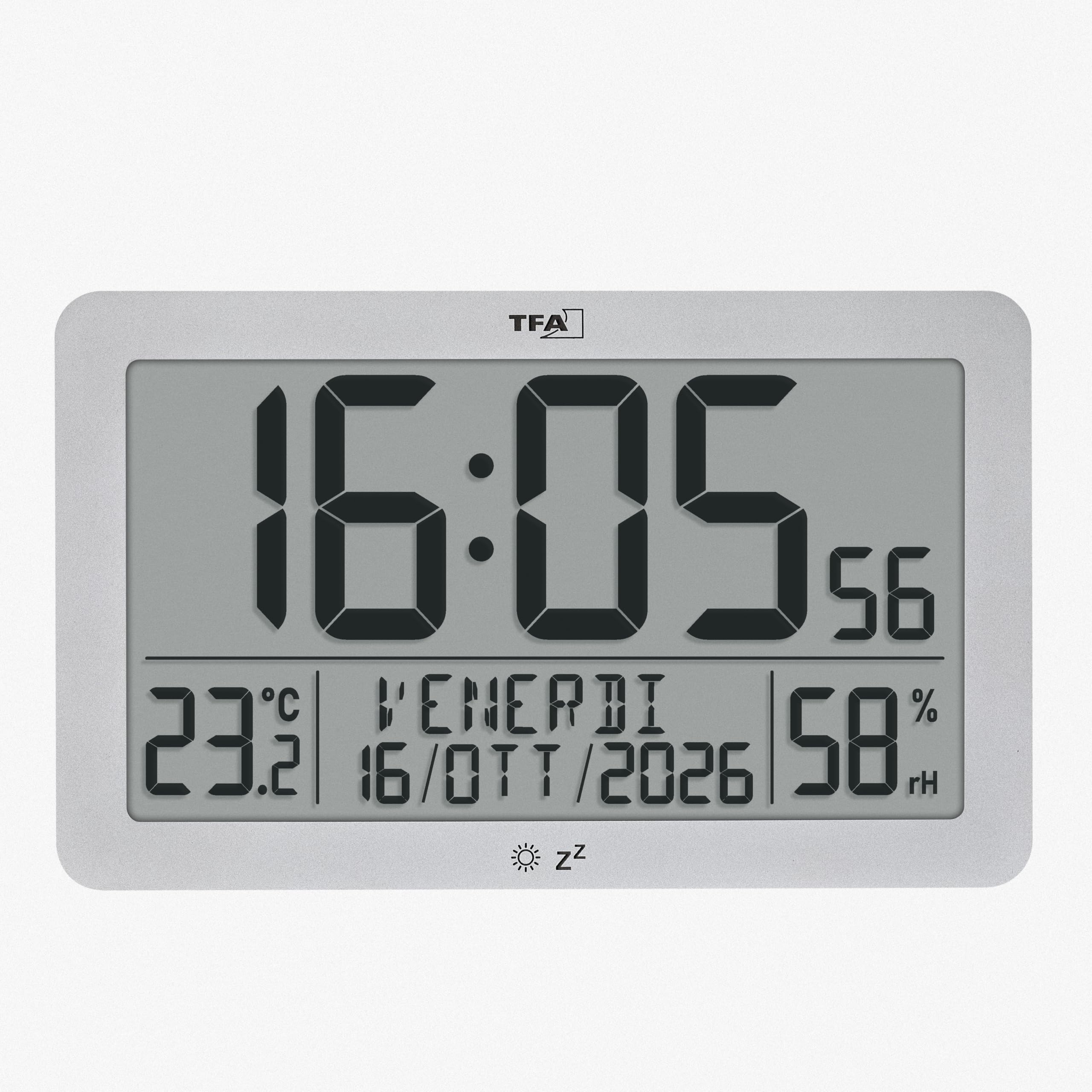 TFA Dostmann Orologio da parete moderno, radiocontrollato digitale, clima ambiente, 60.2568.54, grande, indicazione del giorno, della settimana, della data, funzione sveglia, à batteria, argento