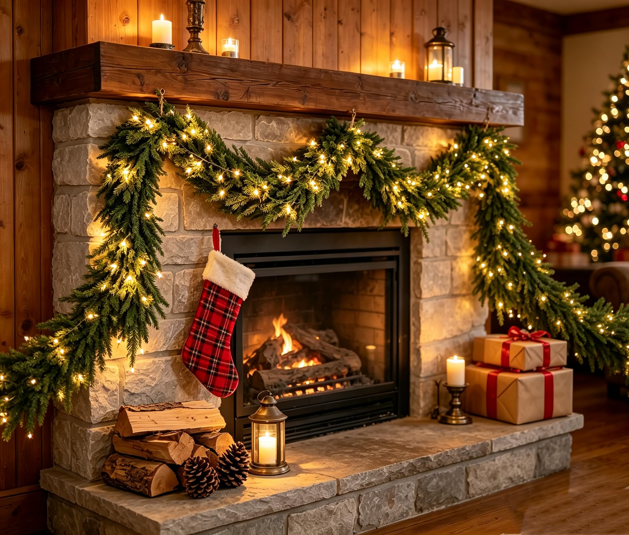 Guirnalda Navidad de 5 Metros con 50 Luces LED Cálidas, Guirnalda Verde con 140 Ramas, Decoración Navideña para Interior y Exterior con Temporizador Automático,Ideal para Puertas, Ventanas y Jardines