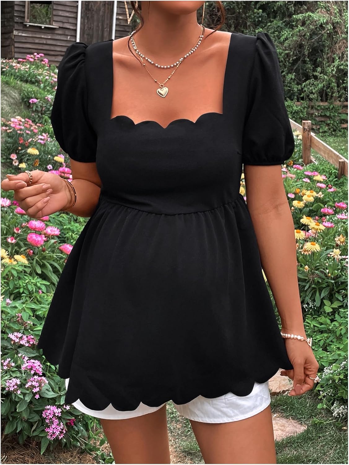 MakeMeChic Women's Maternity T Shirts Scallop Square Neck Puff Sleeve Casual Pregnancy Tops - Image 4