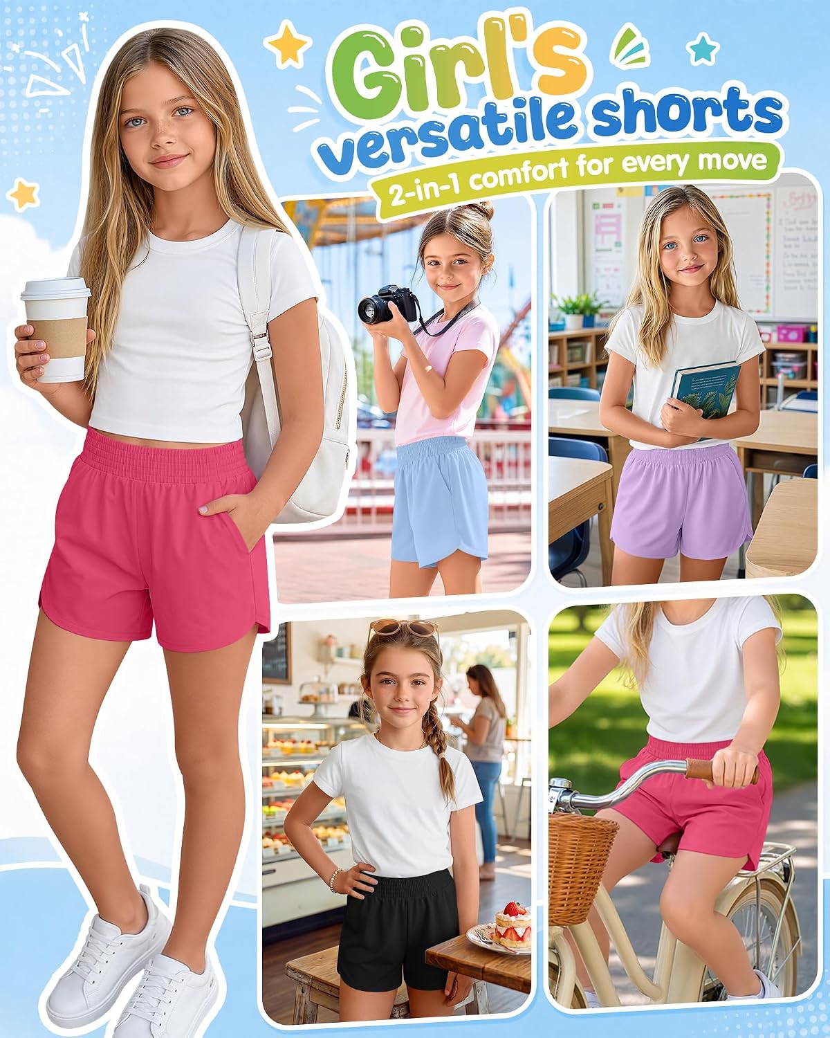 4 Pack Girls Athletic Shorts 2 in 1 Quick Dry High Waist Tween Shorts with Liner Kids Running Shorts with Pockets