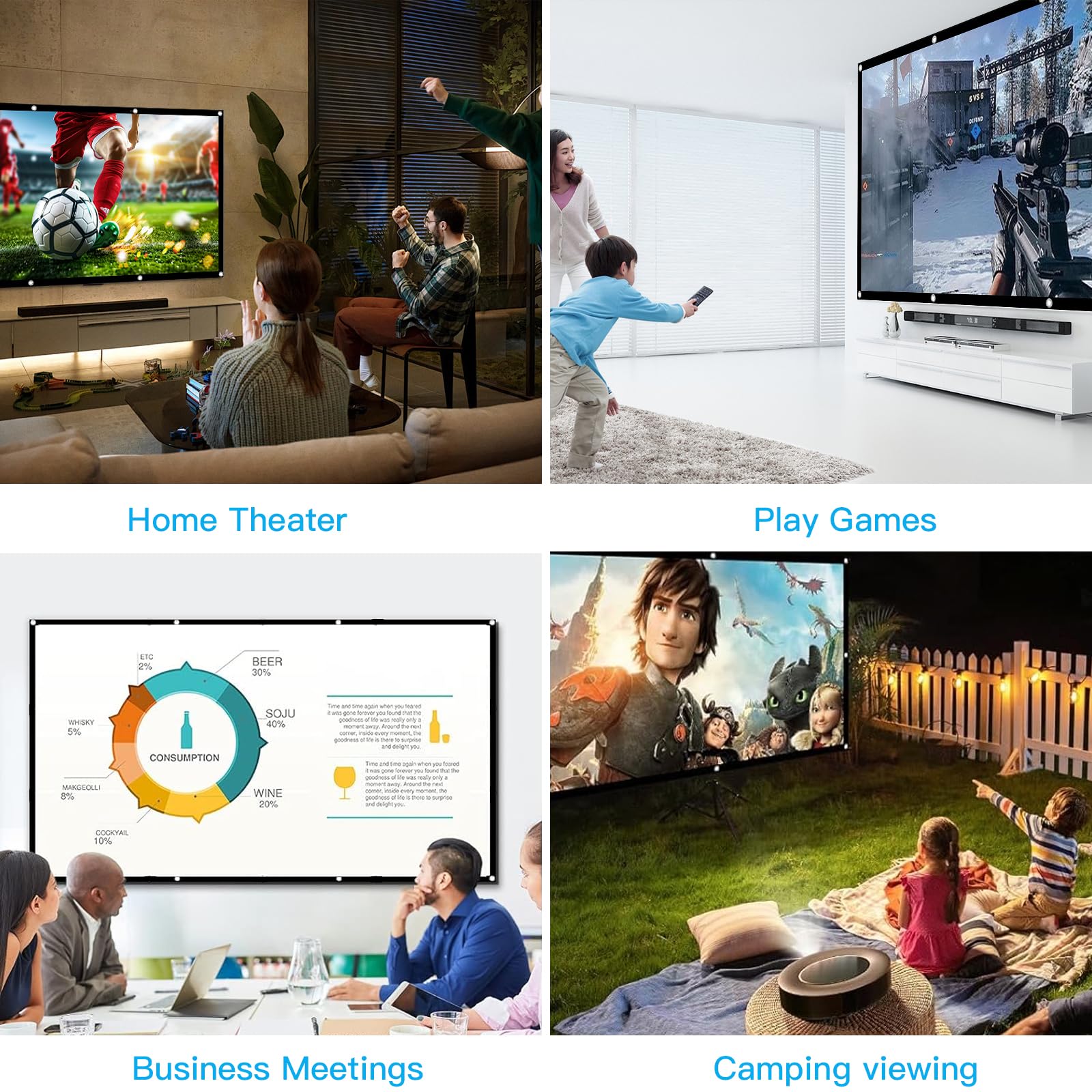 Beamer Leinwand 100 Zoll, 16: 9 Full HD 4K Projektionsschirm, Faltbarer Anti-Falten 3D Projektionswand, Doppelseitige Projektion mit Haken, Seilen, Bildschirm für Heimkino und Freiluftkino