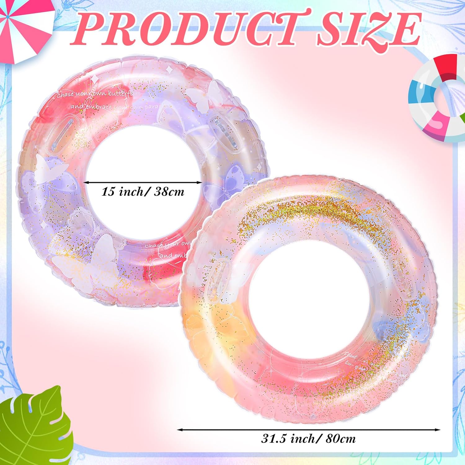 2 Pack Inflatable Pool Floats, Butterfly Floating Tubes 31.5" Swimming Ring Pool Essentials for Summer Beach Outdoor Bachelorette Party Supplies Favor