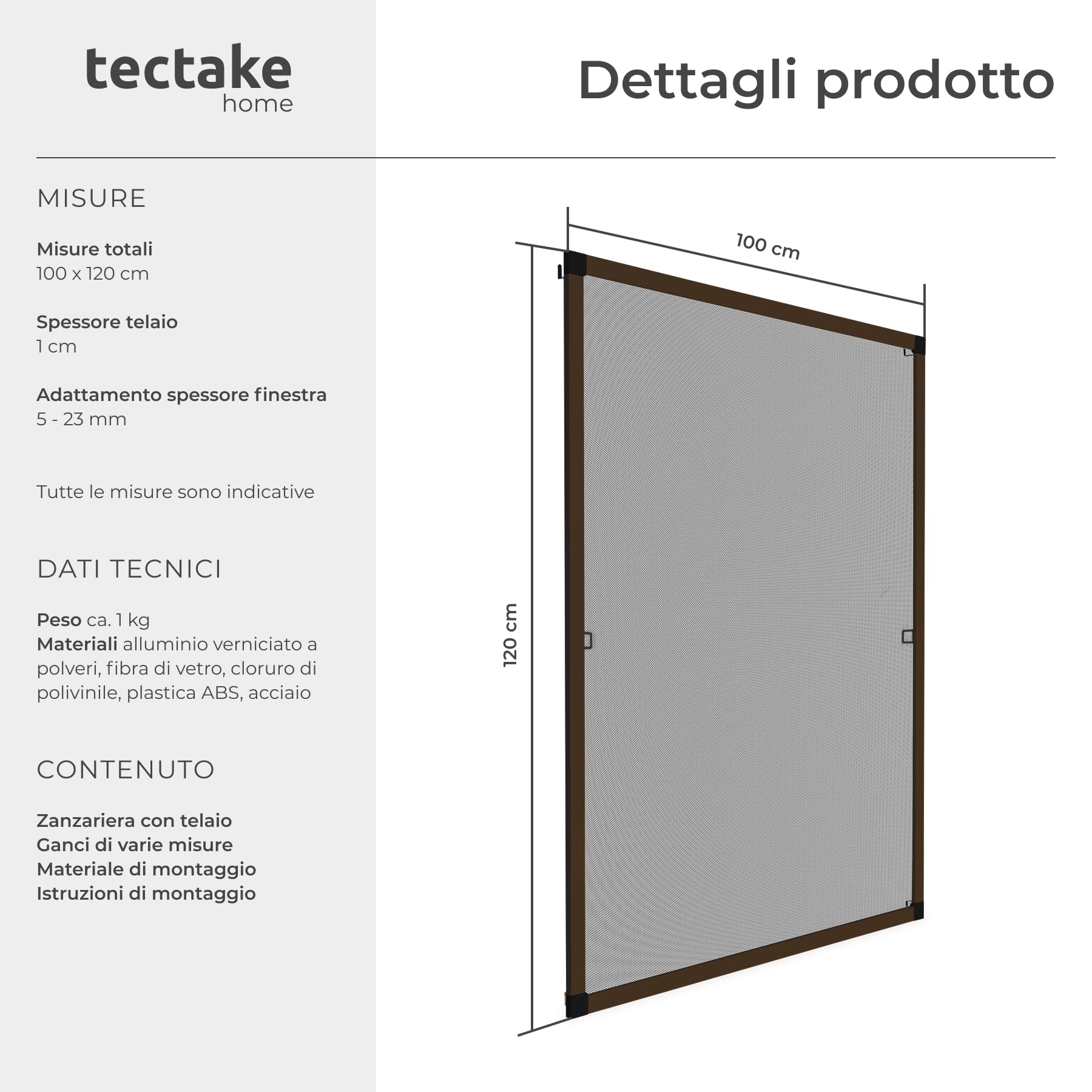 tectake® Zanzariera per Telai di Finestre, Telaio in Alluminio, Zanzariera Finestra Resistente ai Raggi UV e alle Intemperie, Trasparente alla Luce e Permeabile all’Aria, 100x120cm - Marrone