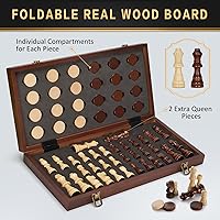 Vista 4 de 2 in 1 Magnetic Chess Set & Checkers Board Game, 15" Wooden Folding Chess Board with 2 Extra Queens, Portable Travel Chess Set with Pieces Storage