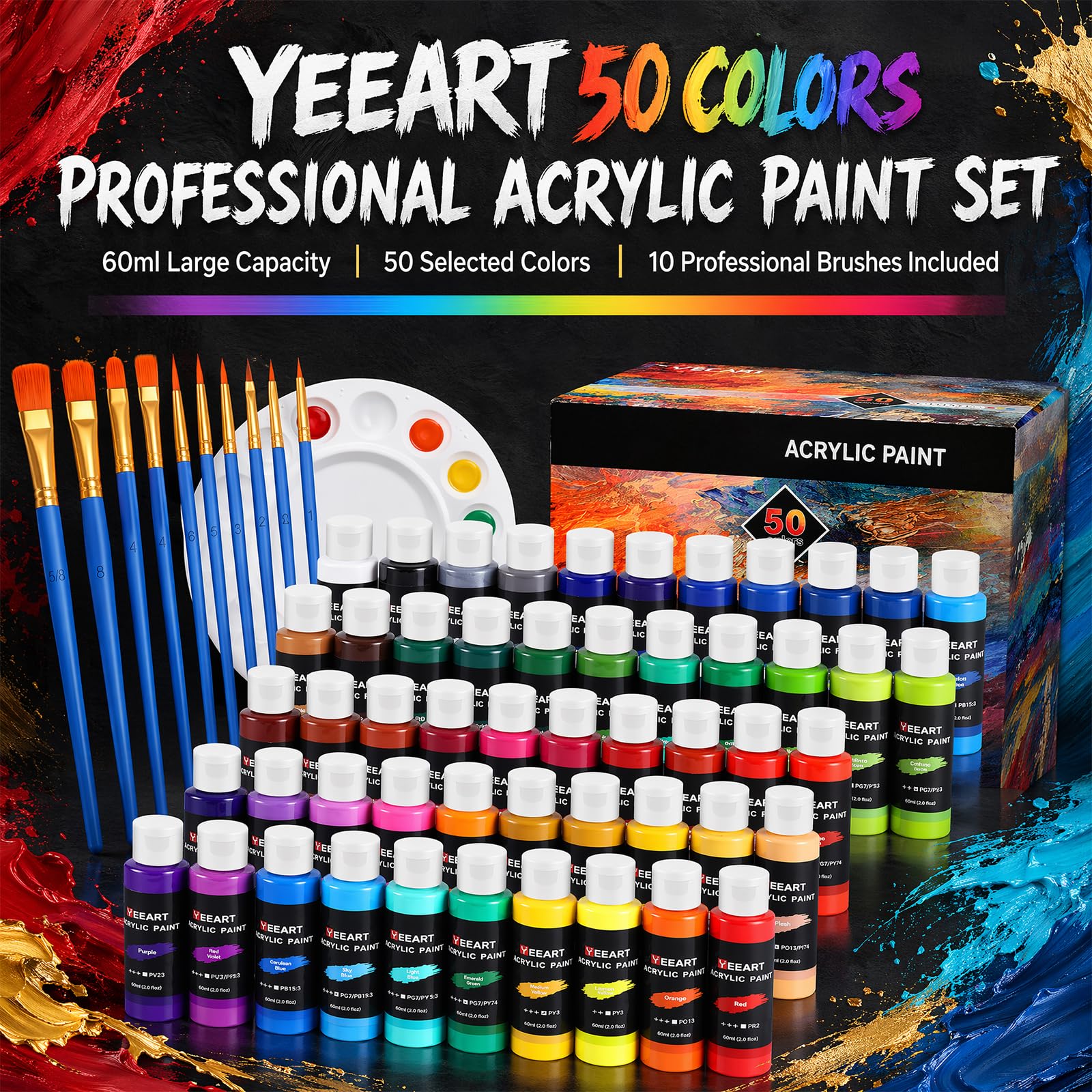 Juego de 50 pinturas acrílicas de 60 ml en botellas, de alta calidad, no tóxicas, resistentes al agua, juego de pinturas acrílicas con pinceles para artistas, estudiantes, adultos, para lienzo, madera